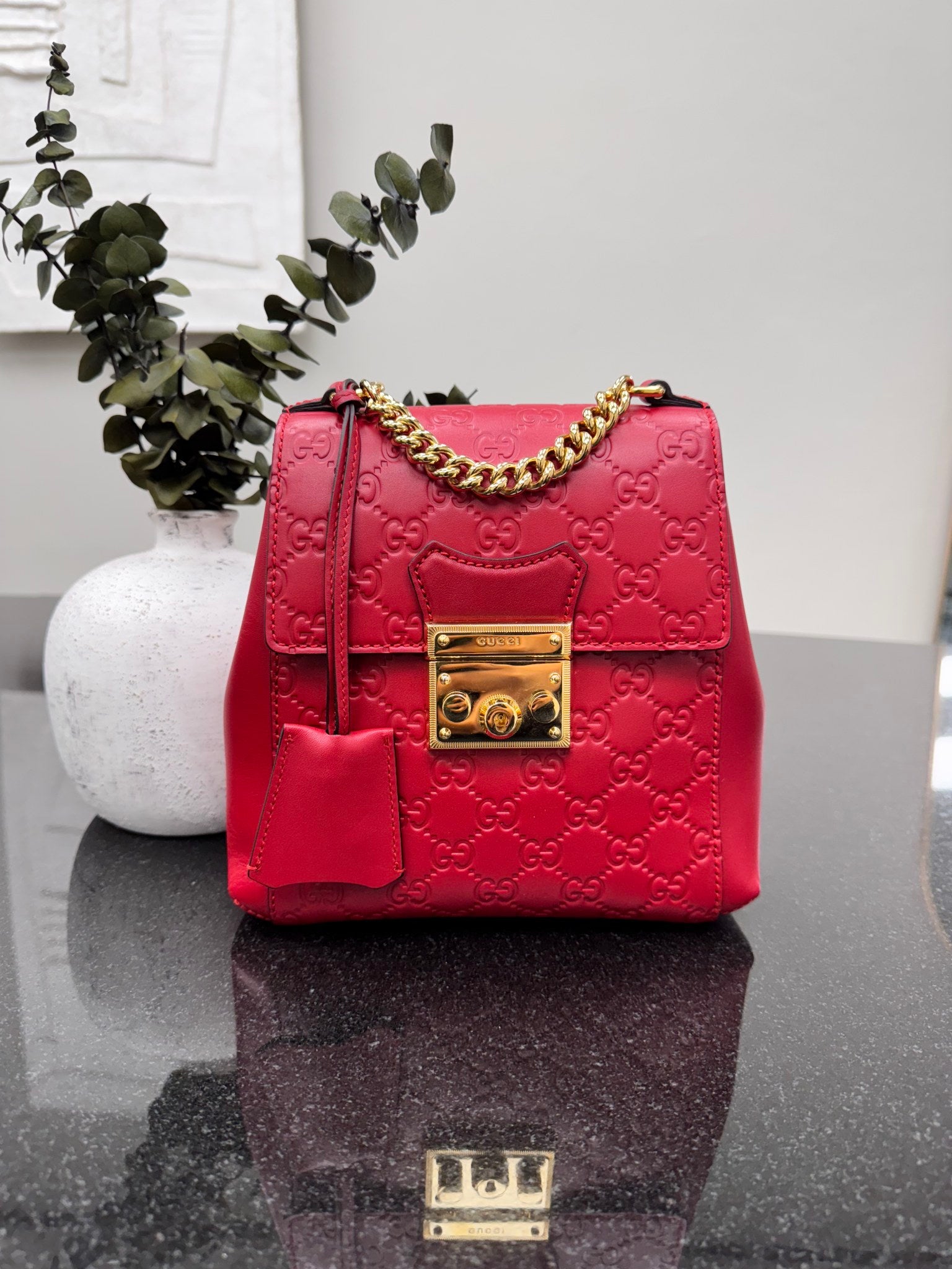 LIKE NEW - Gucci Red Guccissima Signature Padlock Backpack