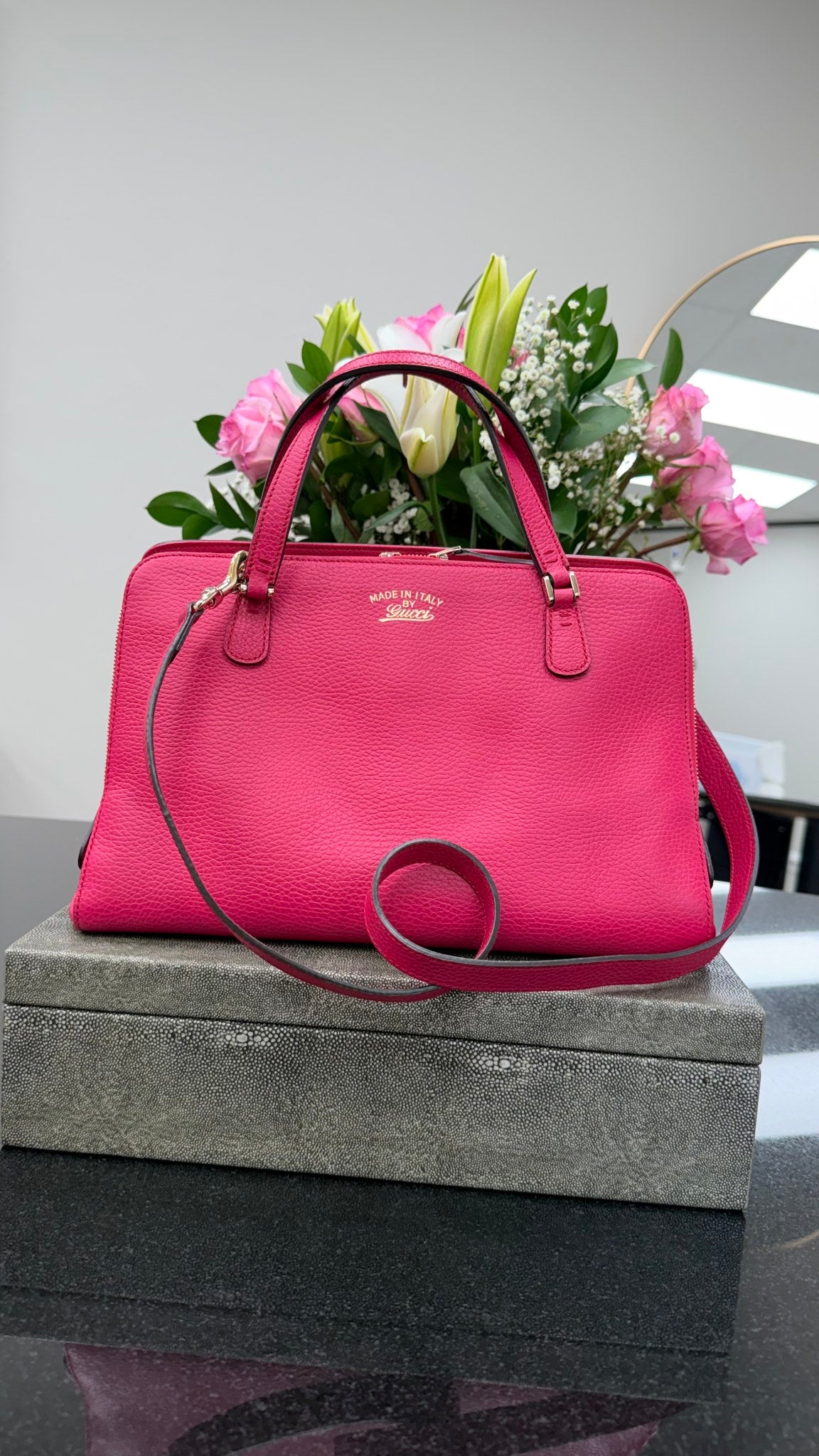 Gucci Pink Pebbled Leather Medium Swing 2Way Tote