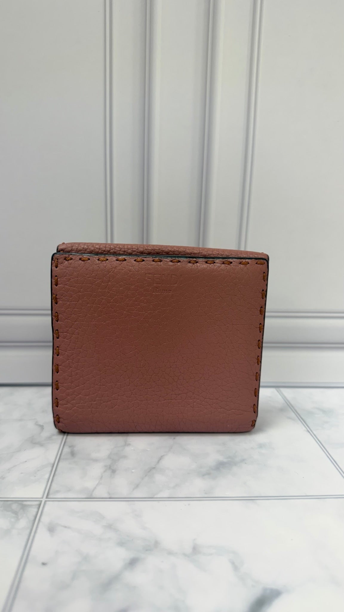 Fendi Pink Grained Leather Selleria Peekaboo Compact Wallet