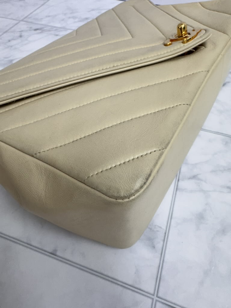 Chanel Beige Chevron Quilted Leather V-Flap Envelope Shoulder Bag