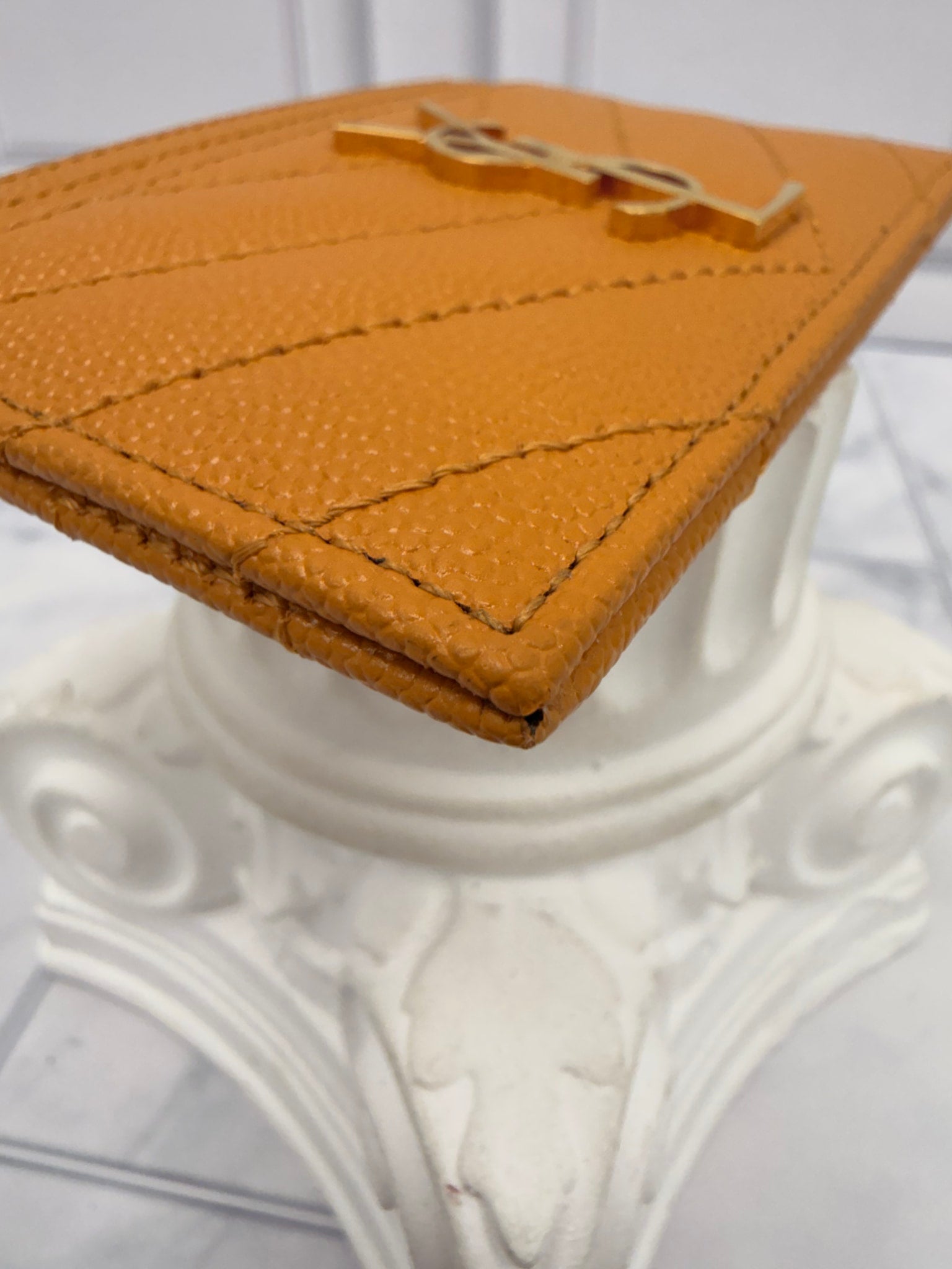 LIKE NEW - Saint Laurent YSL Mustard Grain De Poudre Leather Cassandre Matelasse Card Case