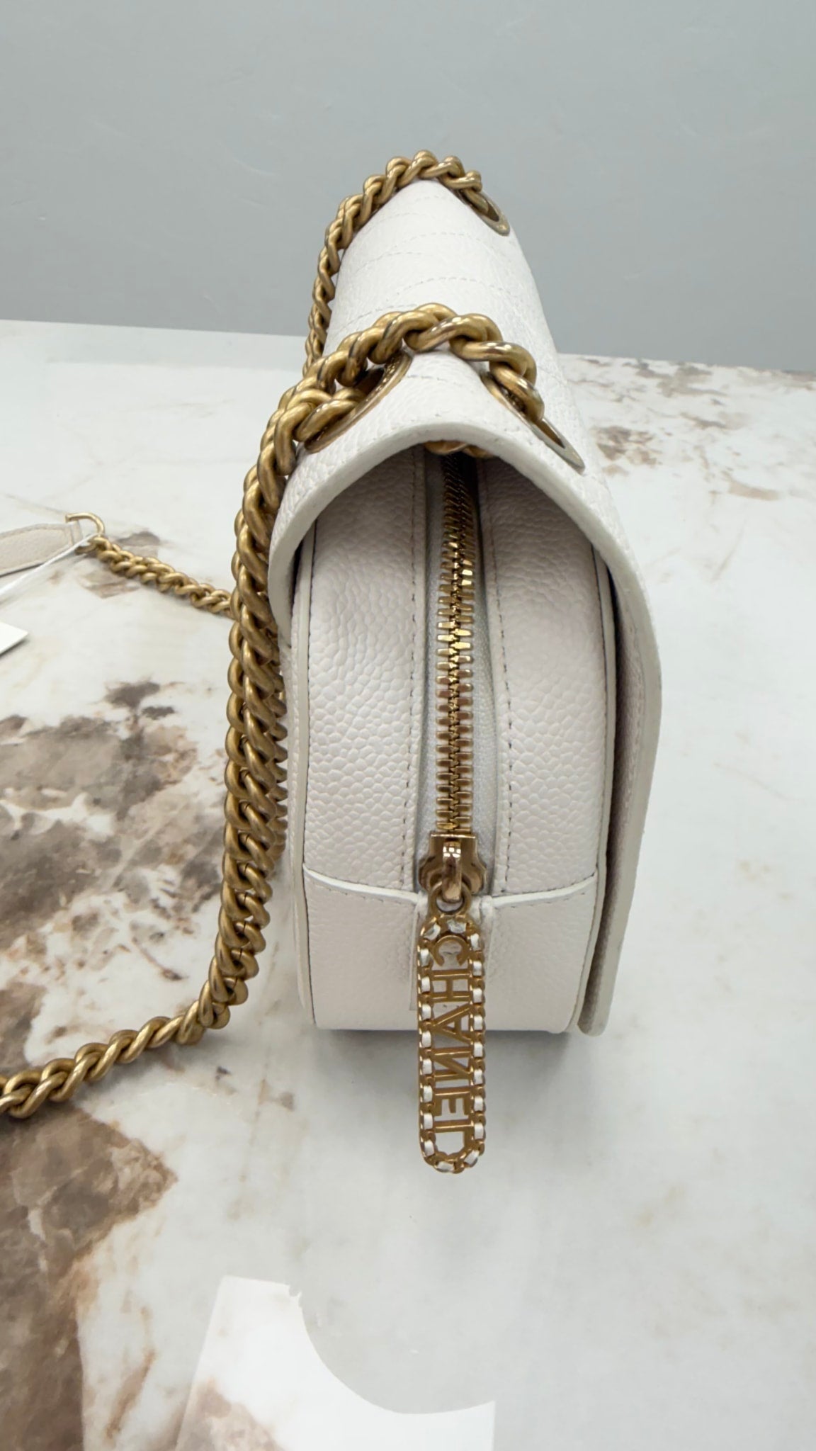 Chanel White Quilted Caviar Leather Small Camera Flap Bag