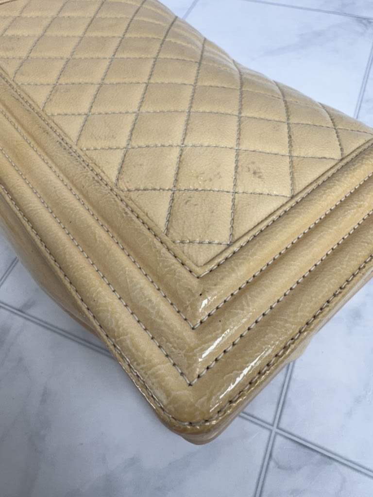 Chanel Beige Diamond Quilted Patent Leather Boy Bag