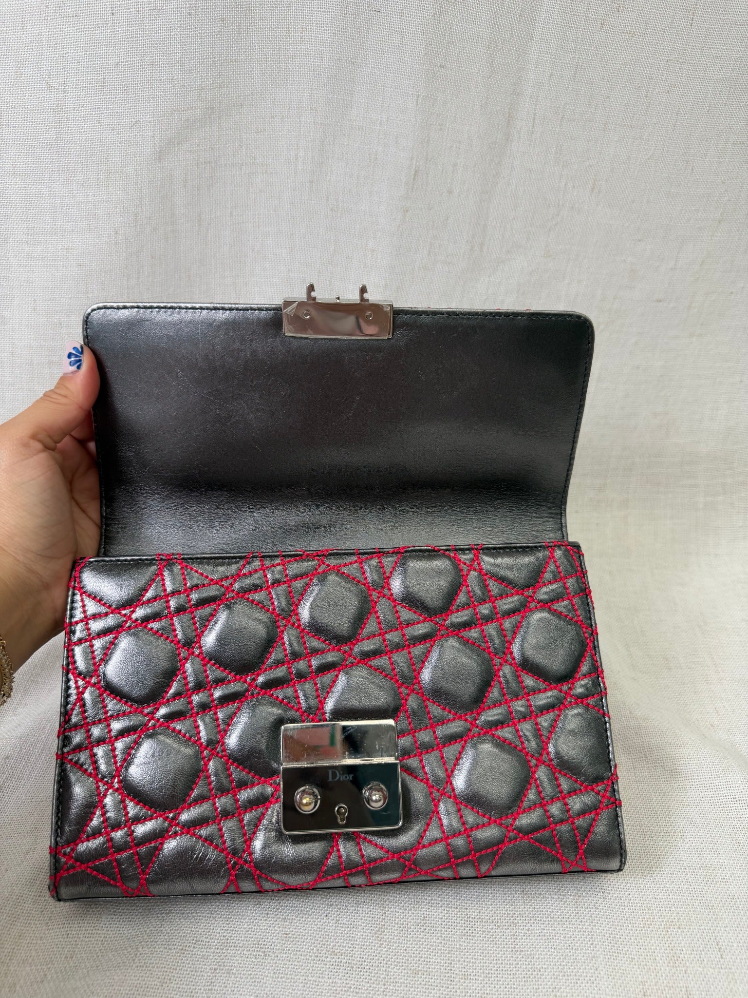Christian Dior Silver Calf Leather And Red Cannage Stitching Miss Dior Clutch Bag