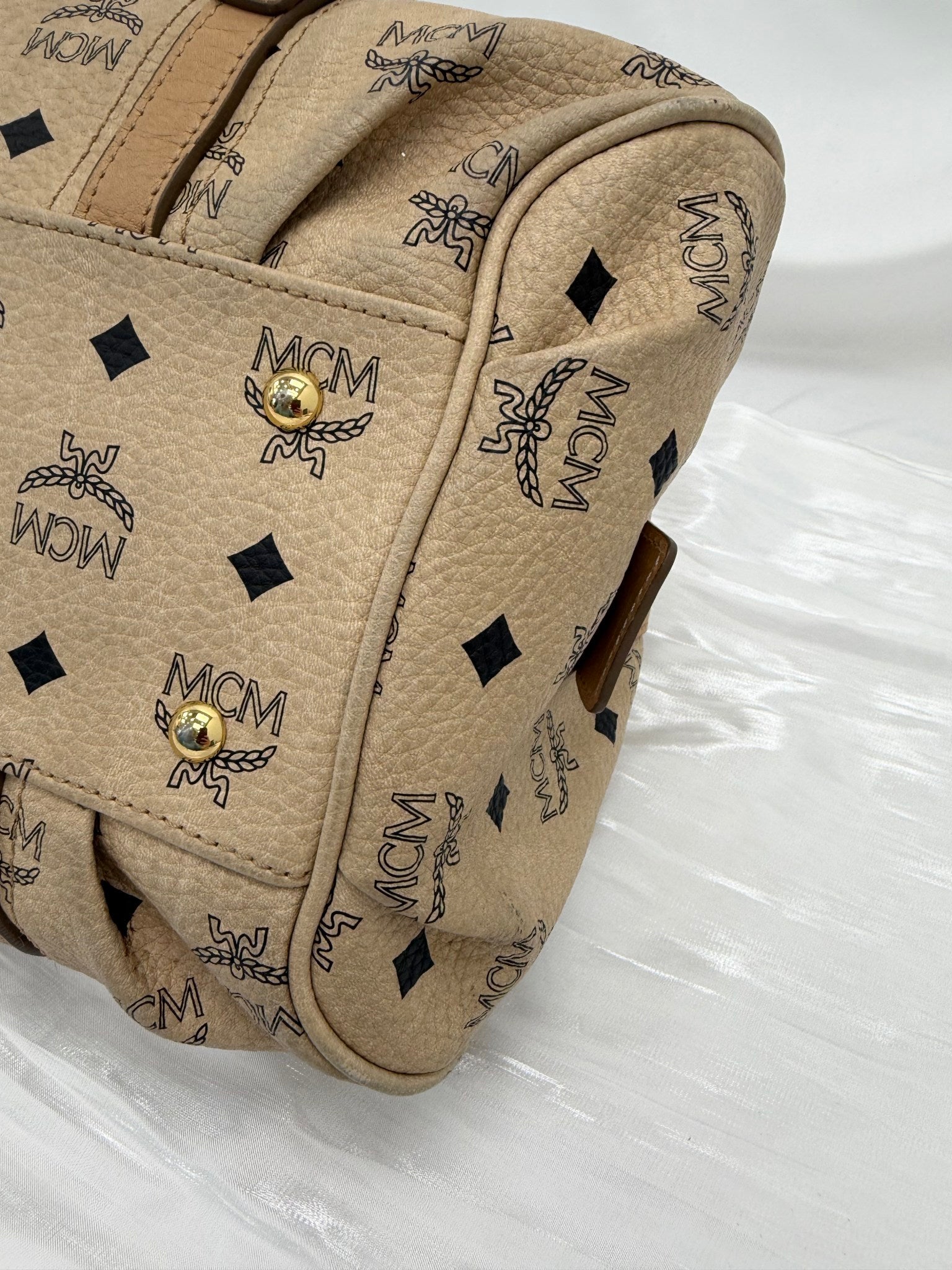 Mcm Cream Visetos Leather Boston Bag