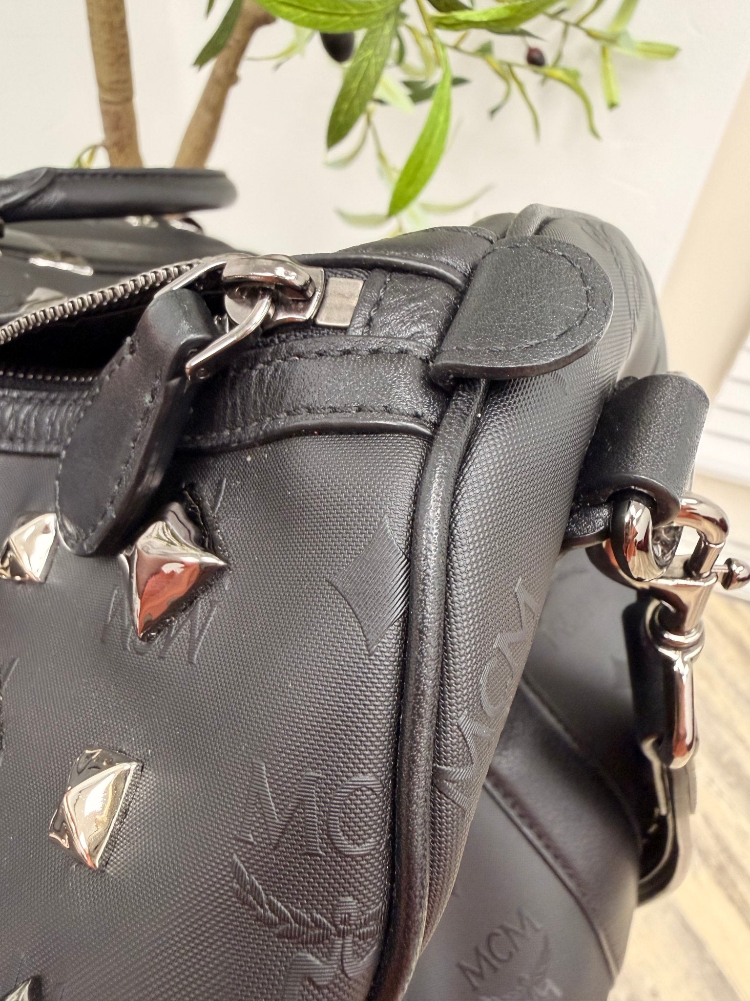 MCM Black Leather Studded Travel Duffle Bag