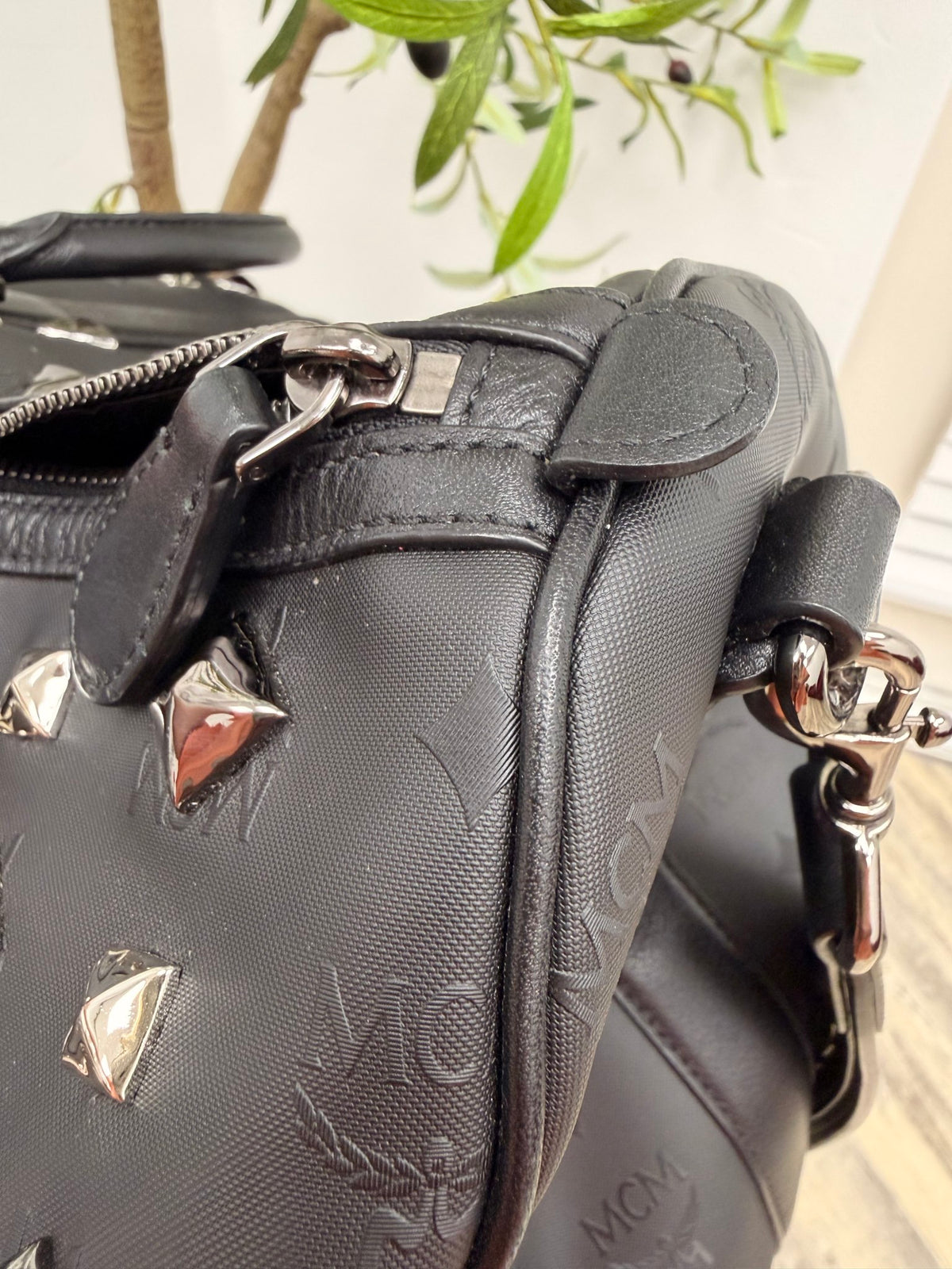 MCM Black Leather Studded Travel Duffle Bag