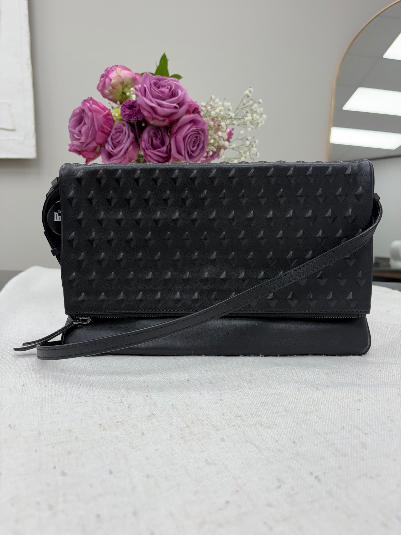 MCM Black Studded Embossed Leather Foldover Crossbody Bag
