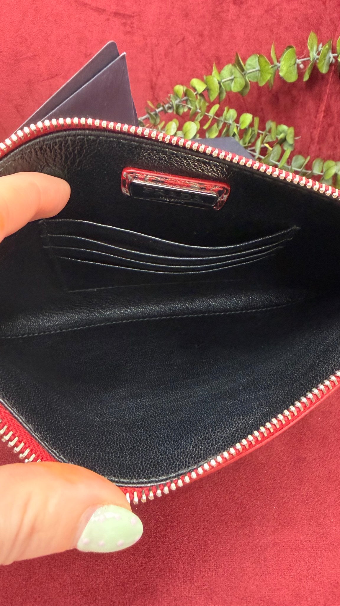 Prada Red Patterned Leather Zip Pouch