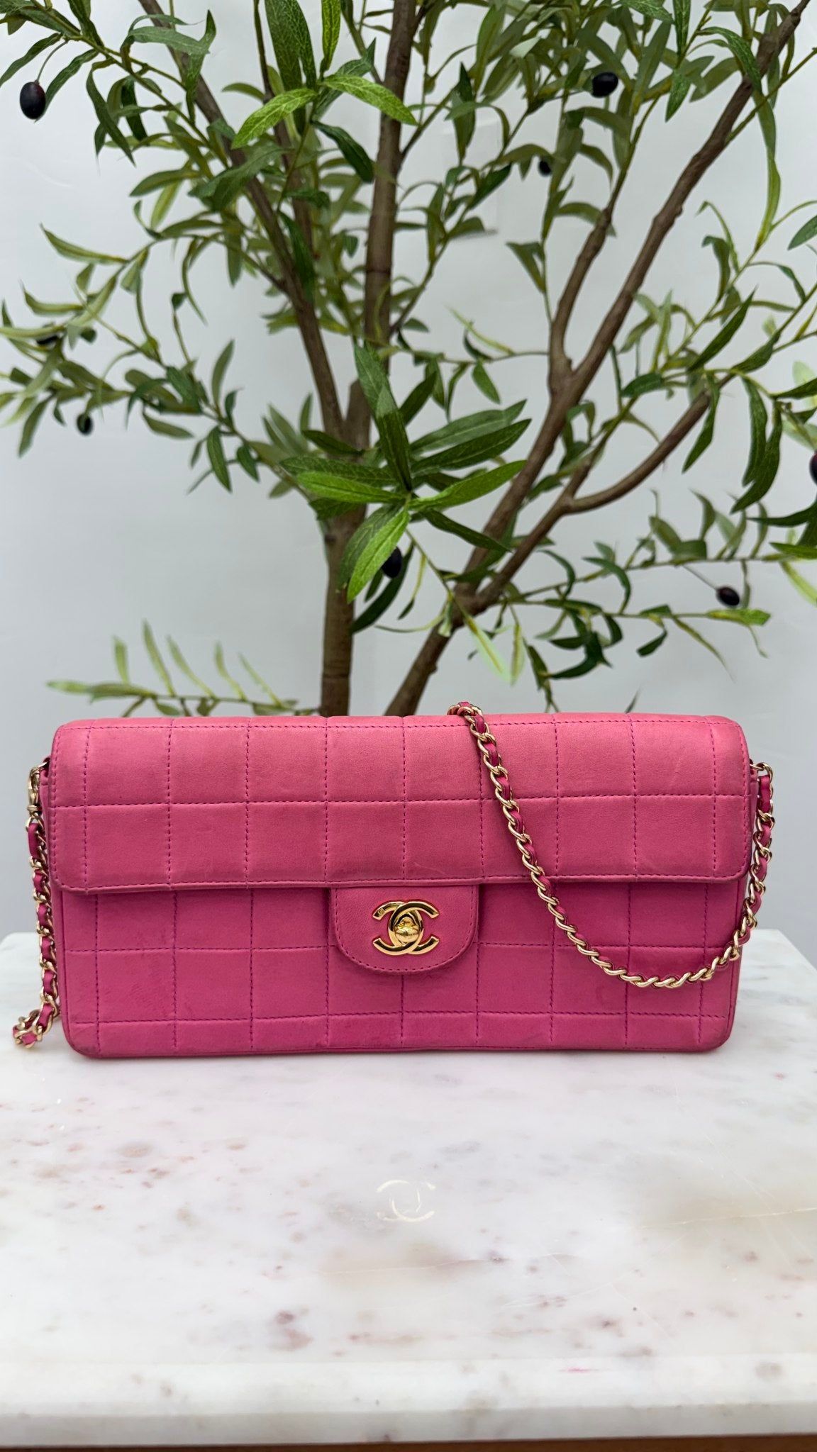 Chanel Hot Pink Lambskin Leather Chocolate Bar East West Flap Shoulder Bag