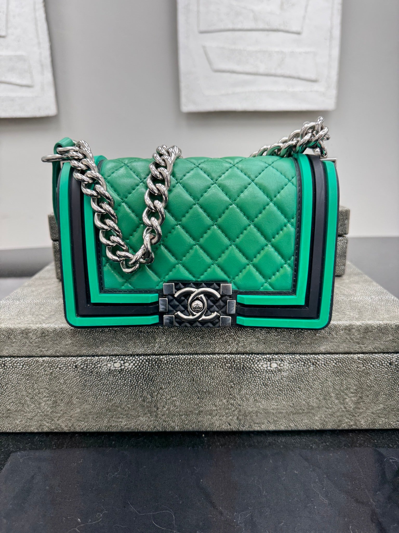 Chanel Green Diamond Quilted Leather Small Boy Bag