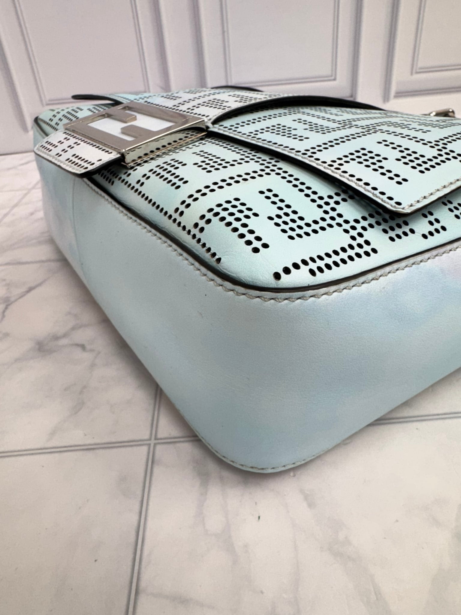 Fendi Baby Blue Tie Dye Perforated Zucca Leather Baguette Medium Messenger Bag