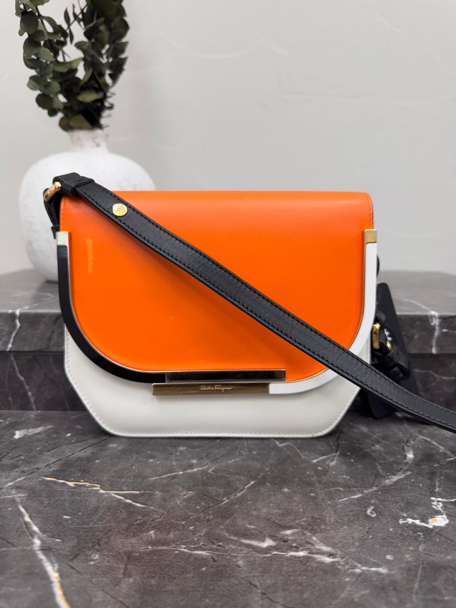 Salvatore Ferragamo Orange Colorblock Leather Thalia Crossbody Bag