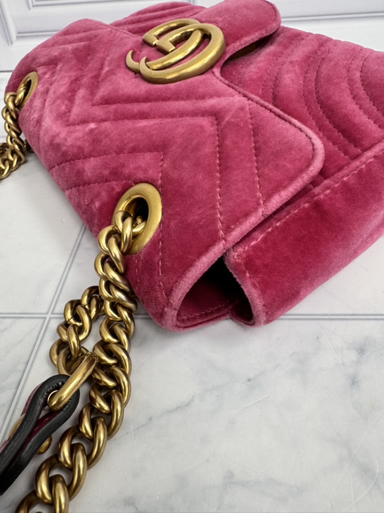Gucci Pink Velvet Matelasse GG Marmont Chain Shoulder Bag