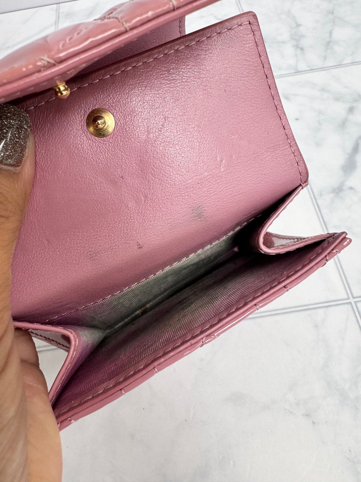 Christian Dior Pink Quilted Patent Leather Lotus Compact Wallet