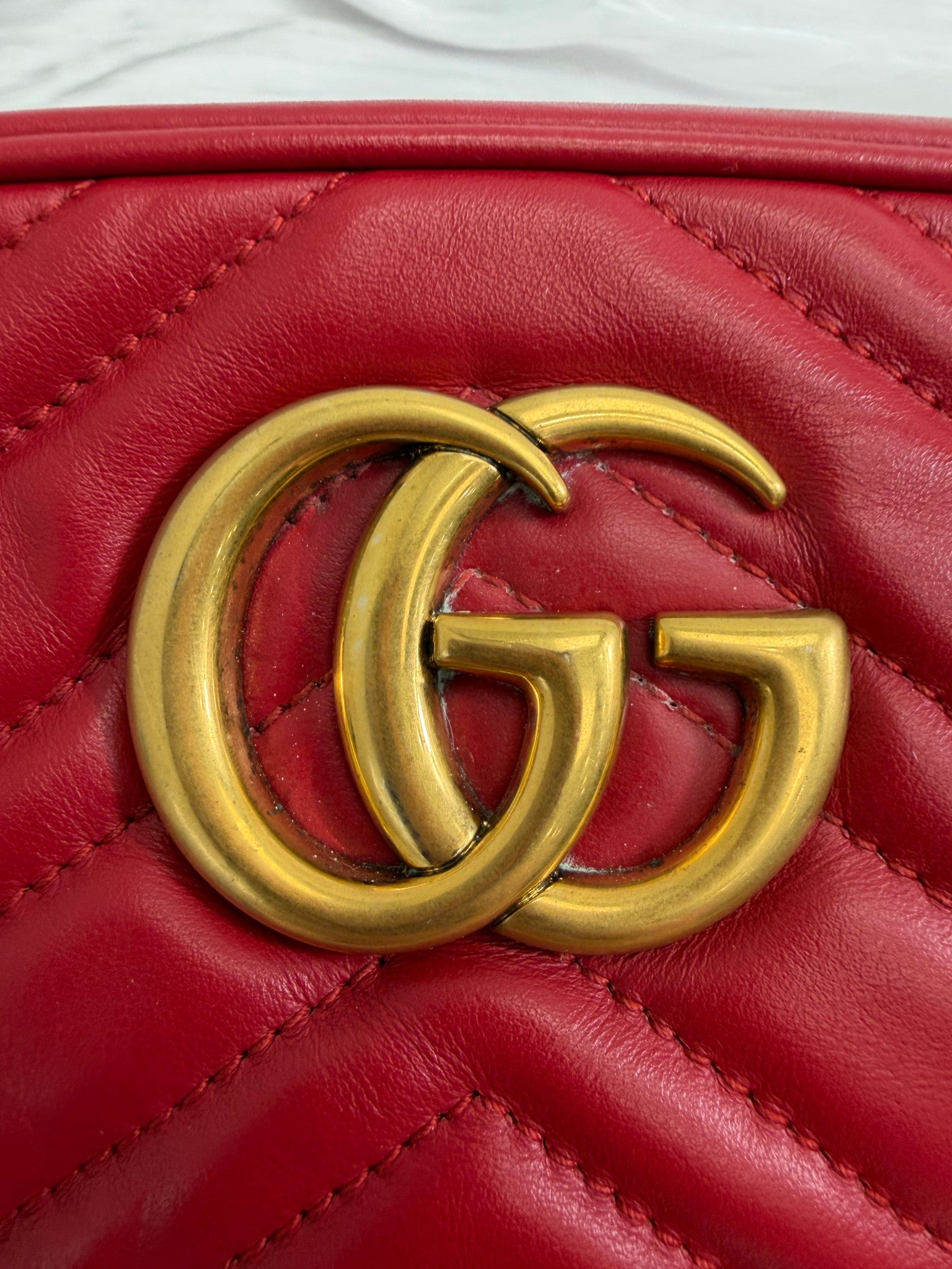 Gucci Red Chevron Quilted Leather GG Marmont Camera Bag