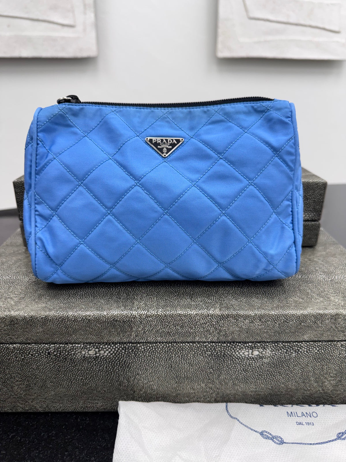 Prada Blue Quilted Nylon Cosmetic Pouch