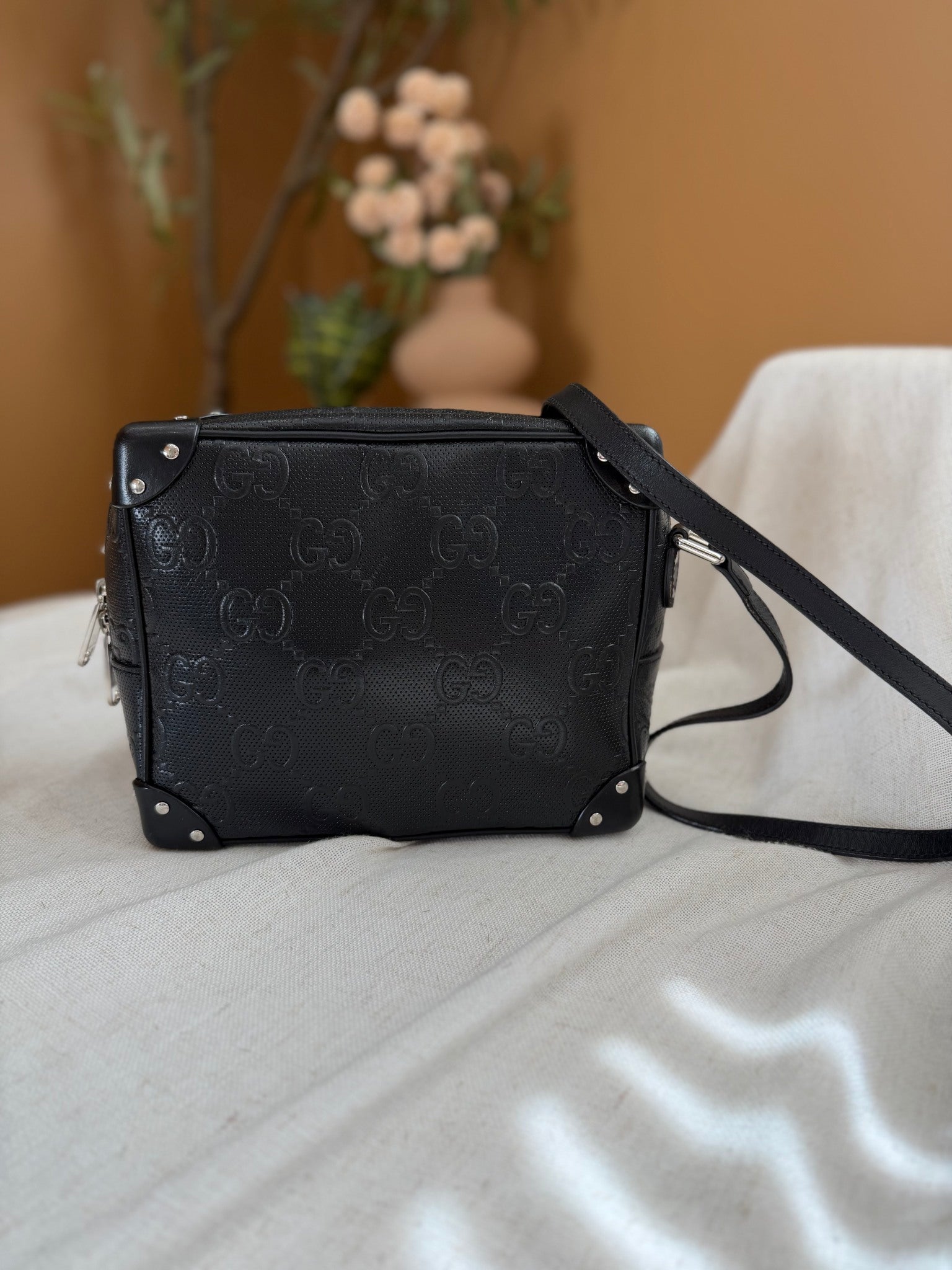 Gucci Black Leather GG Embossed Soft Trunk Crossbody Bag