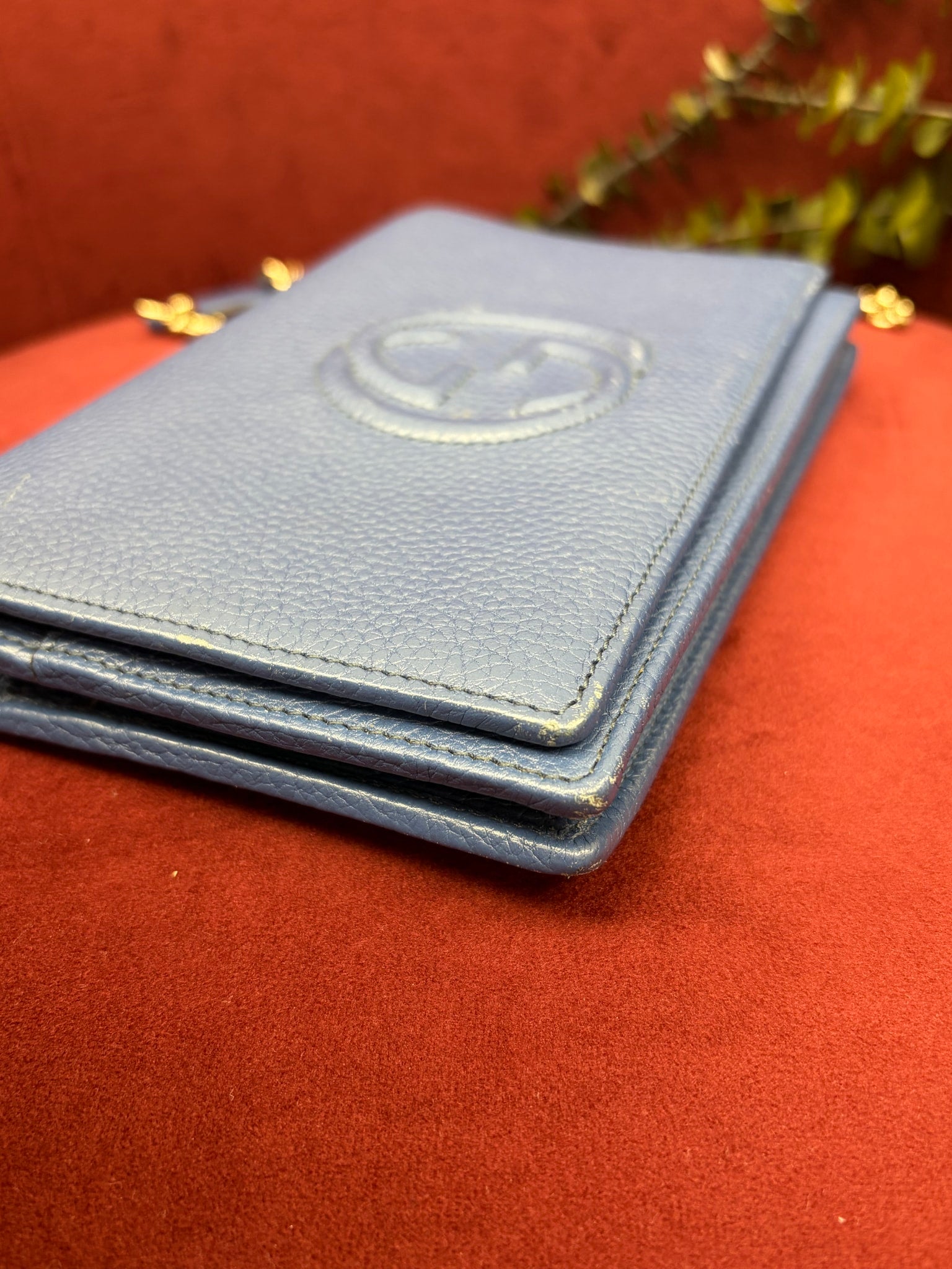 Gucci Blue Pebbled Leather Soho Wallet on a Chain