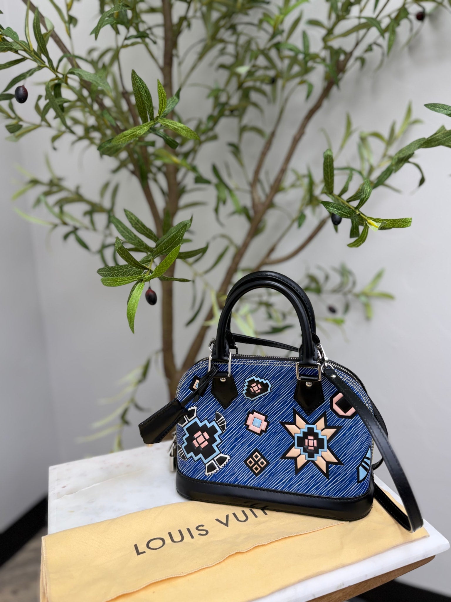 LIKE NEW - Louis Vuitton Blue Denim Aztec Epi Leather Alma BB Bag
