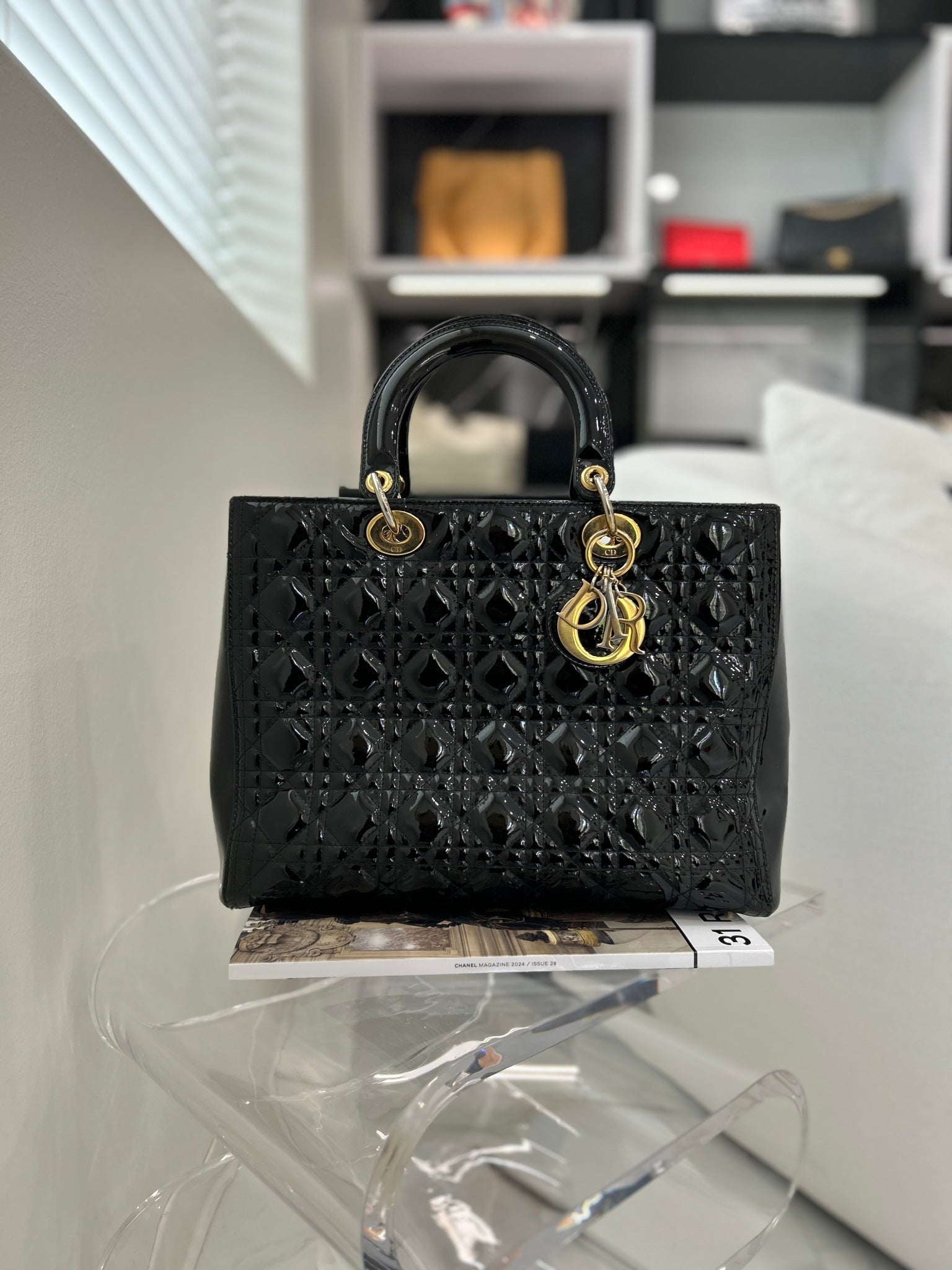 Christian Dior Black Cannage Patent Leather Large Lady Dior