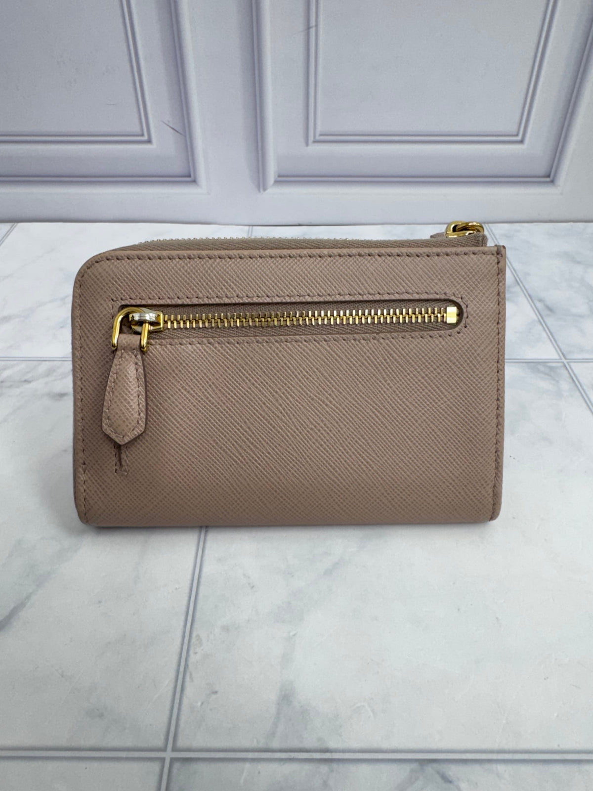 Prada Nude Saffiano Leather Compact Zippy Wallet