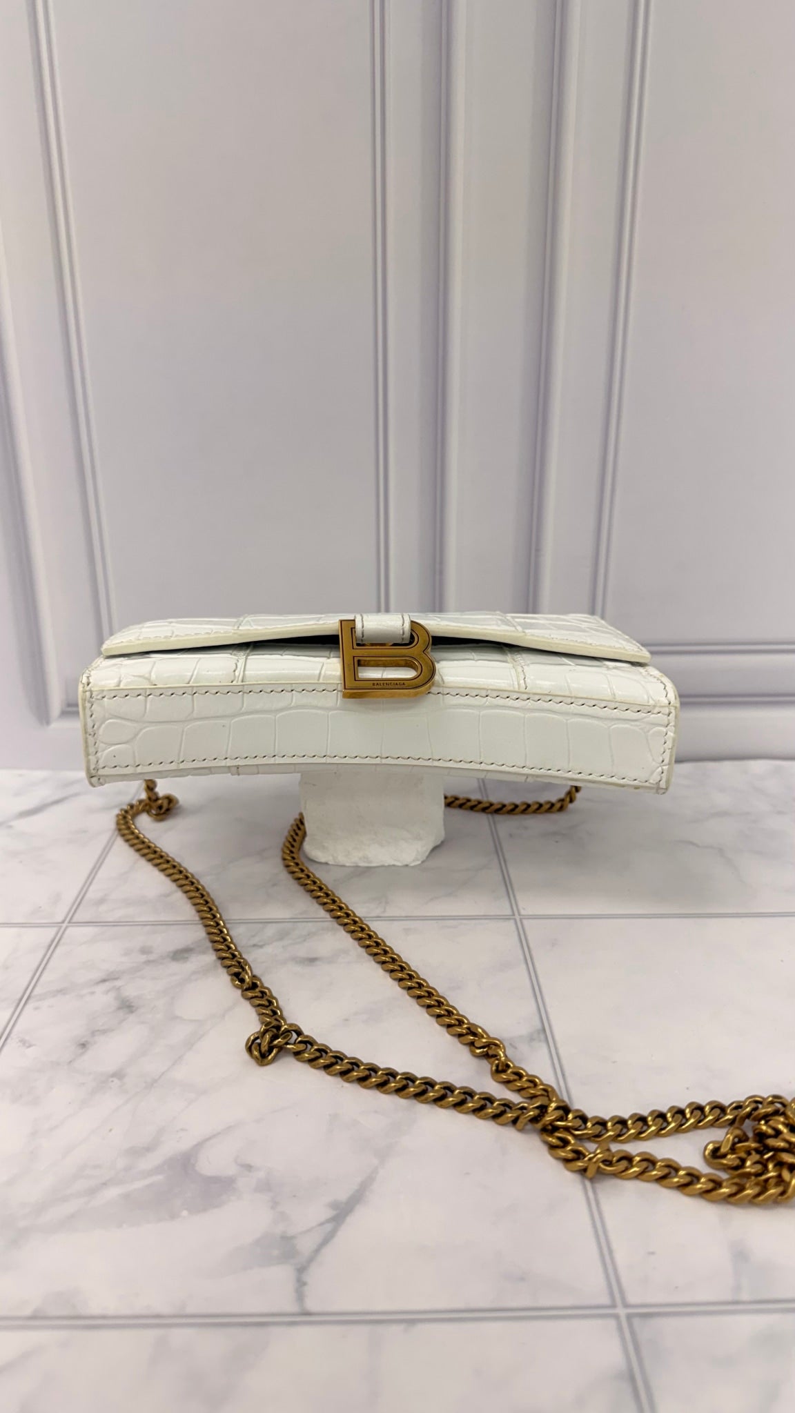 Balenciaga White Croc Embossed Leather Wallet On a chain