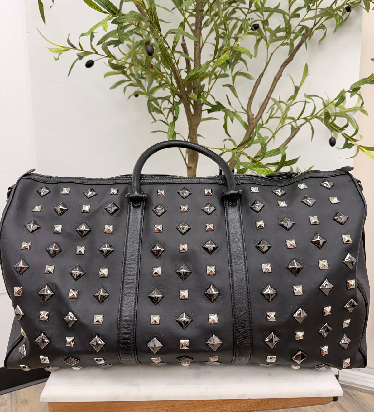 MCM Black Leather Studded Travel Duffle Bag
