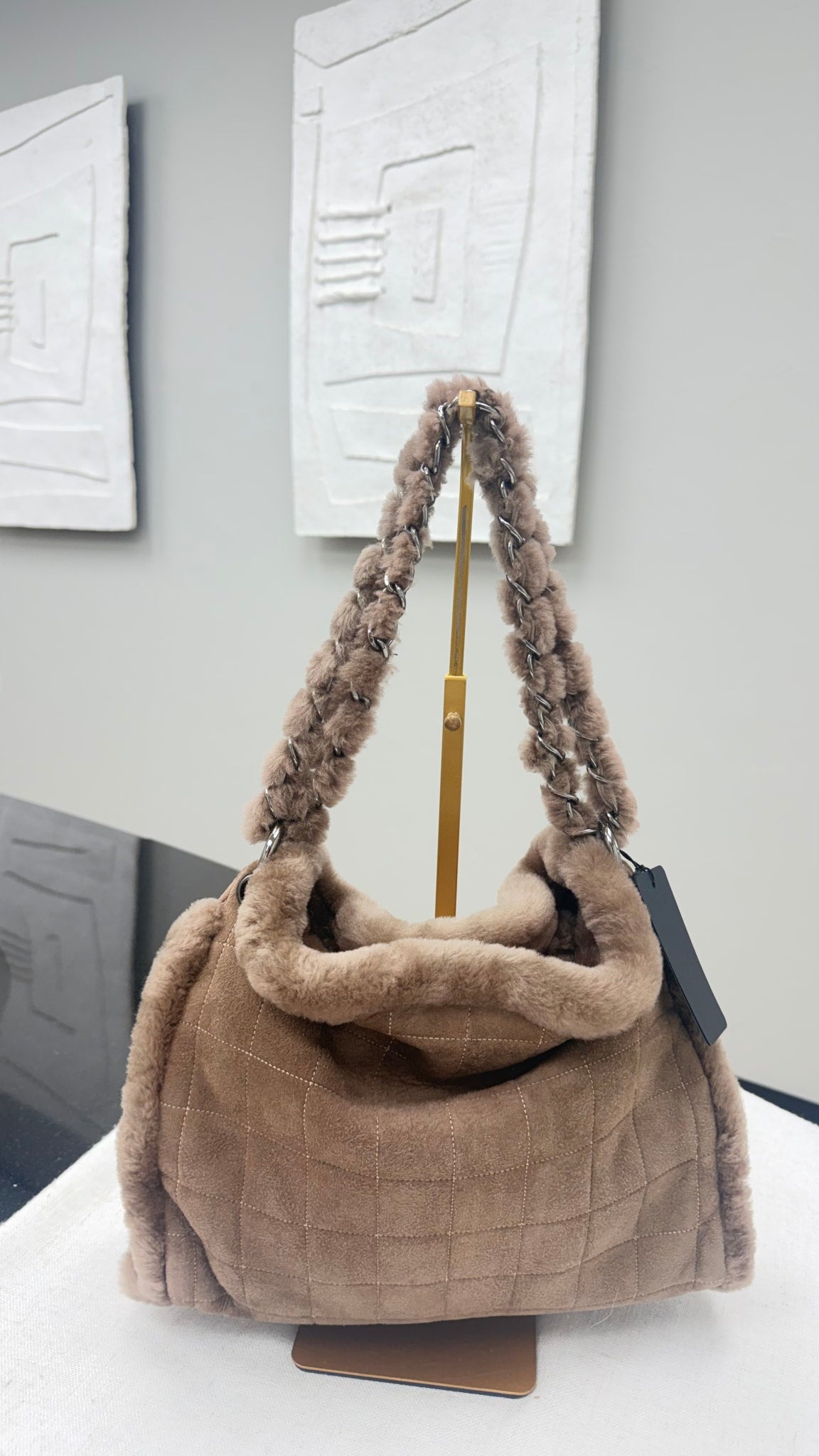 Chanel Beige Quilted Shearling Suede Mounton Chain Tote Bag