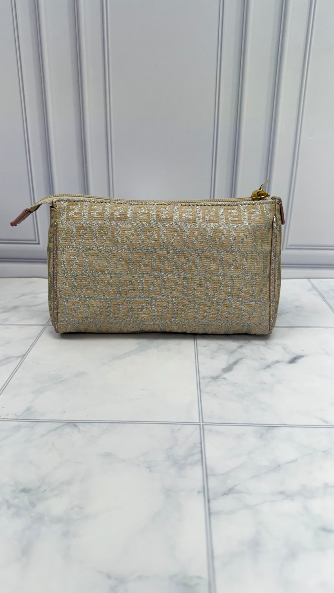 Fendi Metallic Silver & Dusty Pink Zucca Canvas Pouch
