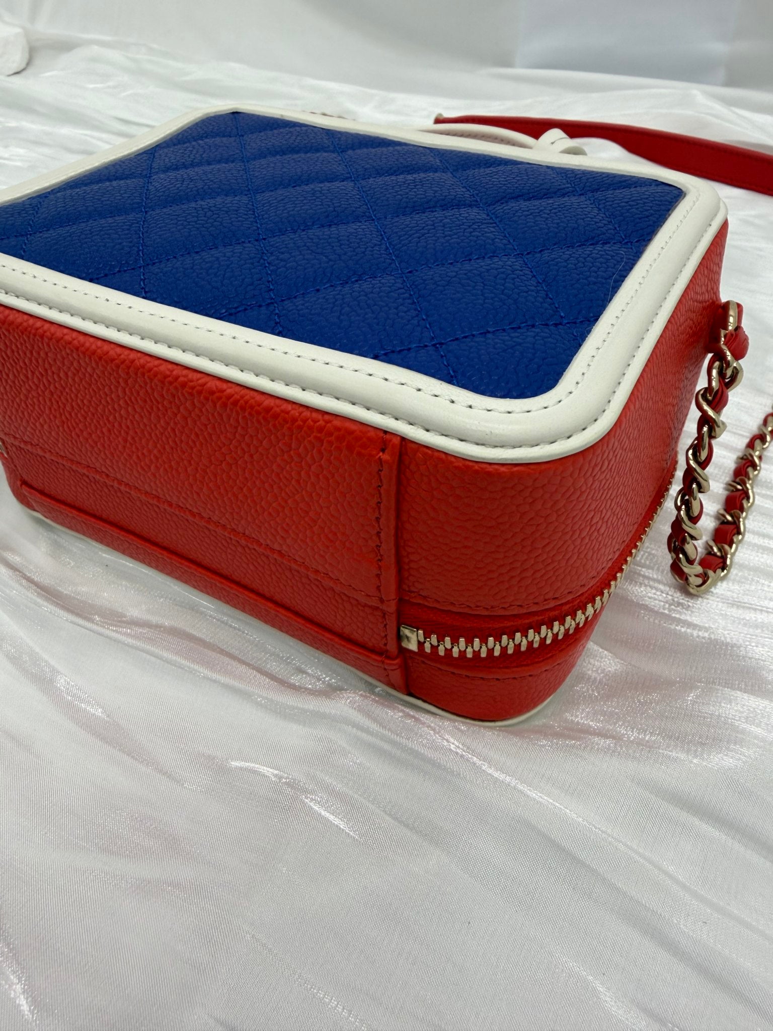 Chanel Red, White Blue Caviar Small Filigree Vanity Case Bag