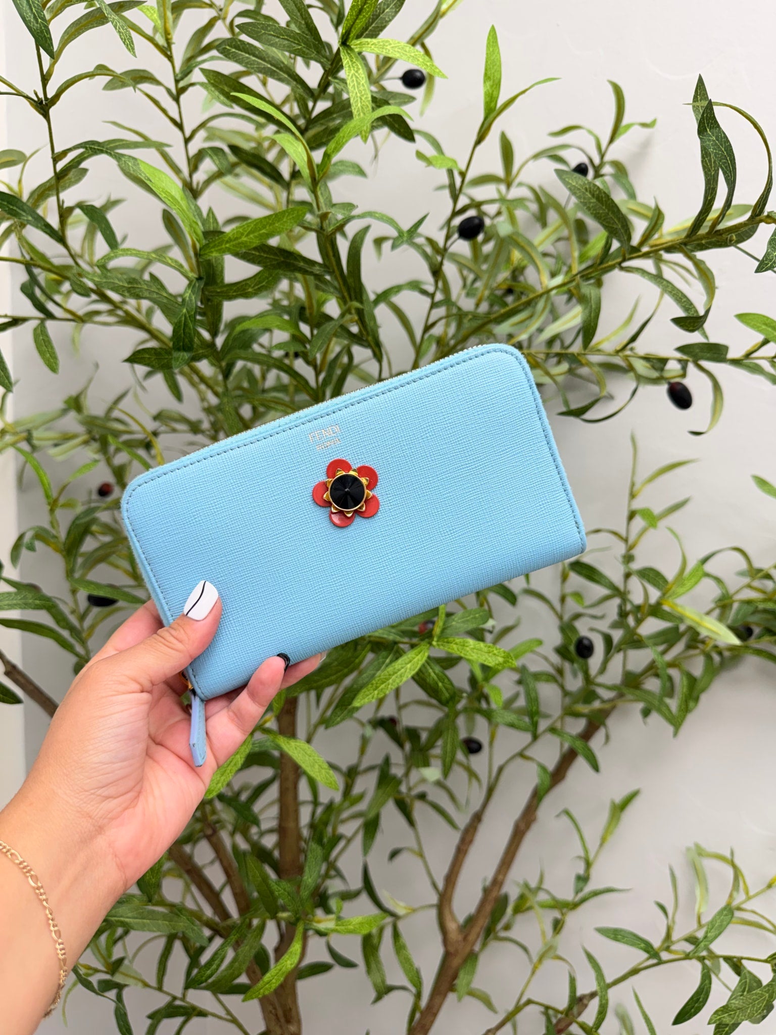 Fendi Light Blue Saffiano Leather Flowerland Zippy Wallet