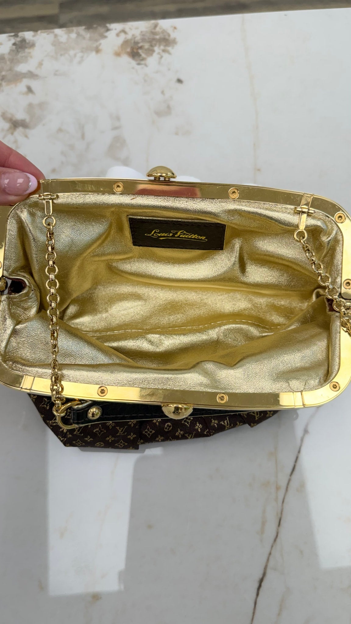 Louis Vuitton Limited Edition Brown & Gold Monogram Satin Aumoniere Kisslock Bag