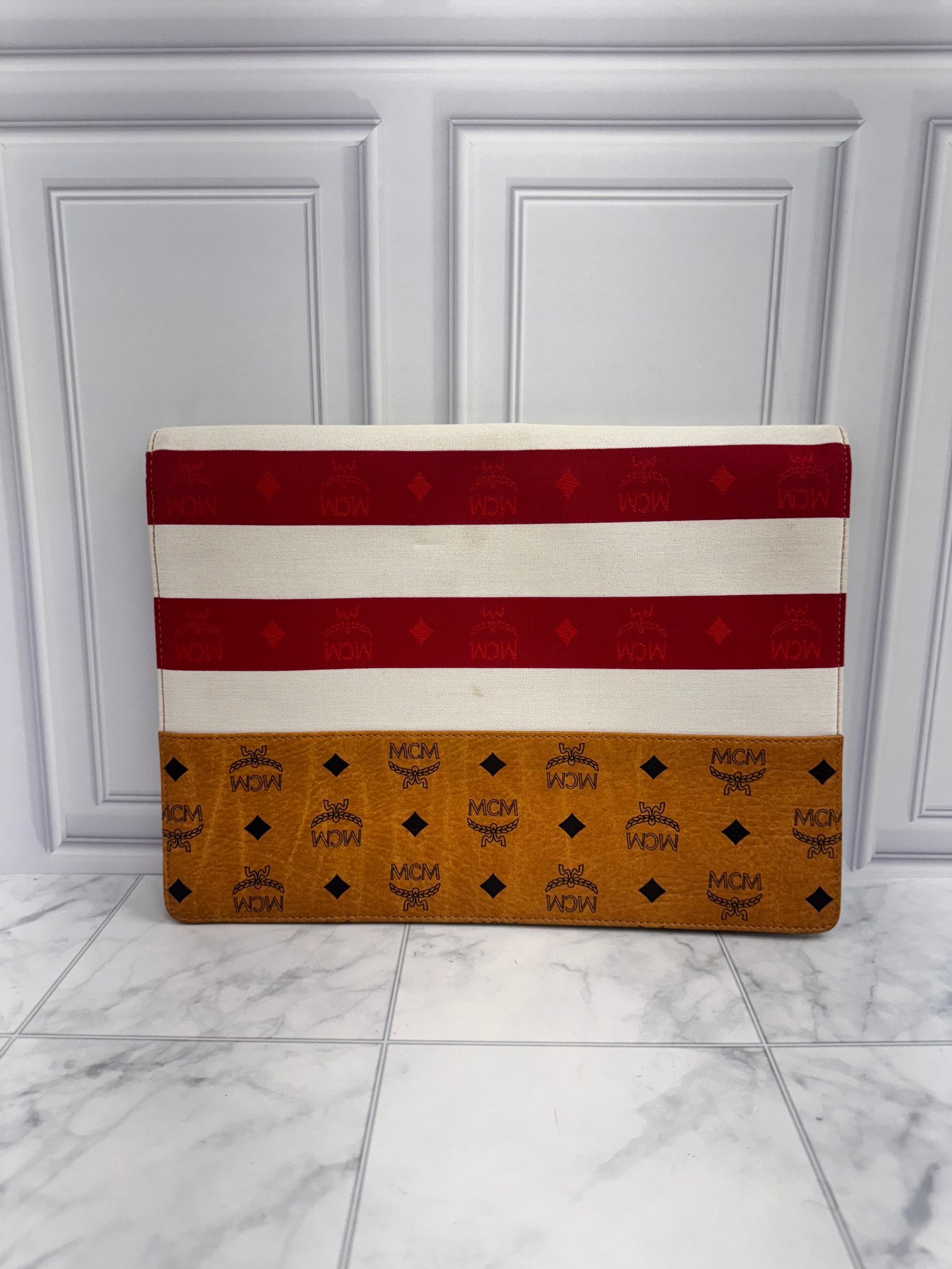 MCM Red & White Striped Visetos Canvas Clutch Bag