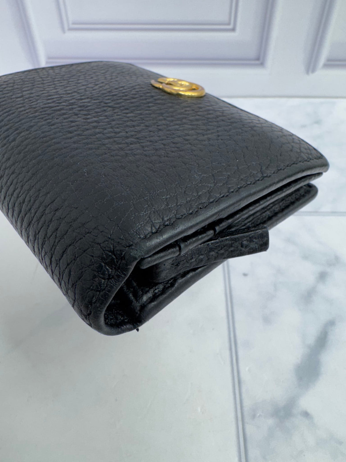 Gucci Black Grained Leather GG Marmont Compact Wallet