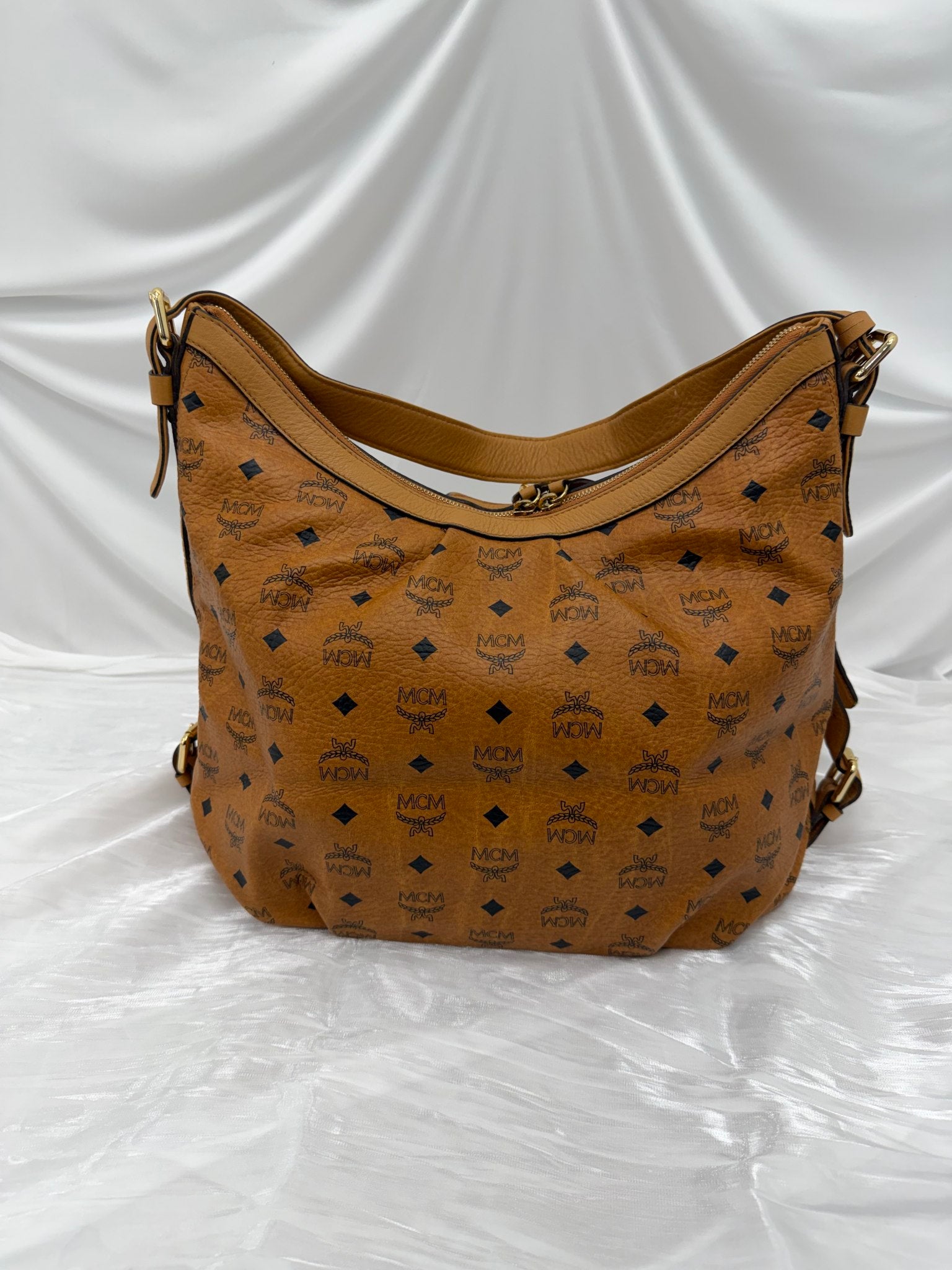 MCM Cognac Coated Canvas Large Hobo Bag