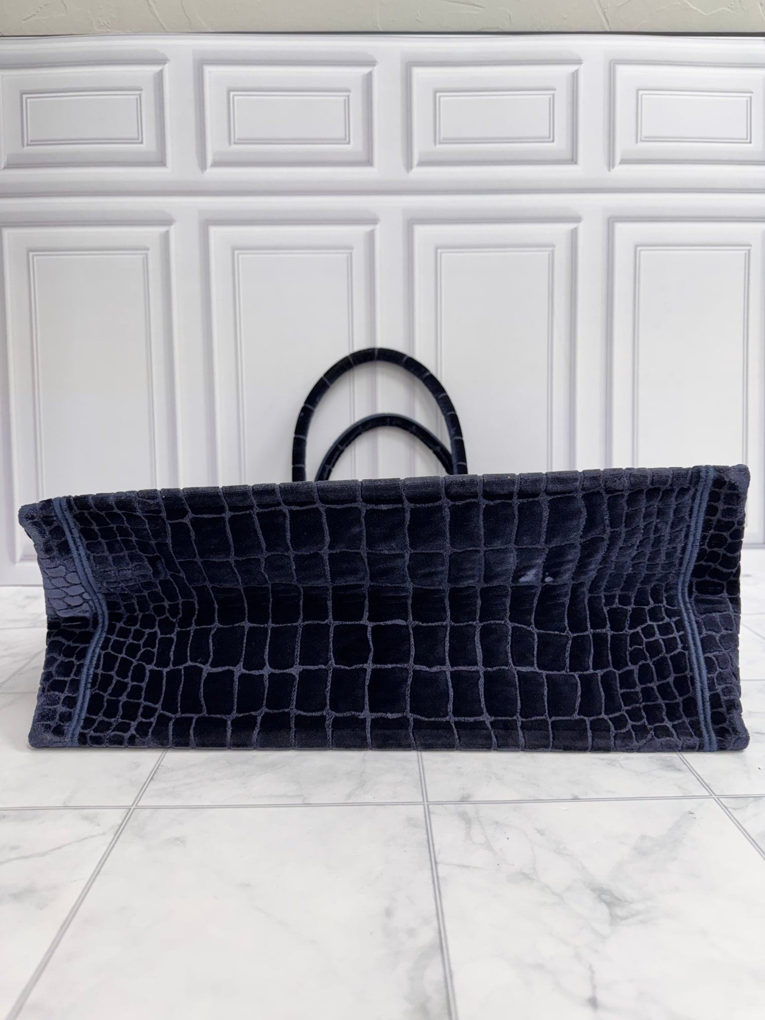 Christian Dior Navy Blue Croc Embossed Velvet Large Book Tote Bag