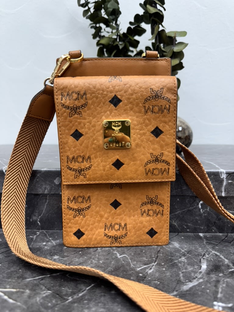 MCM Visetos Brown Leather Phone Case Crossbody