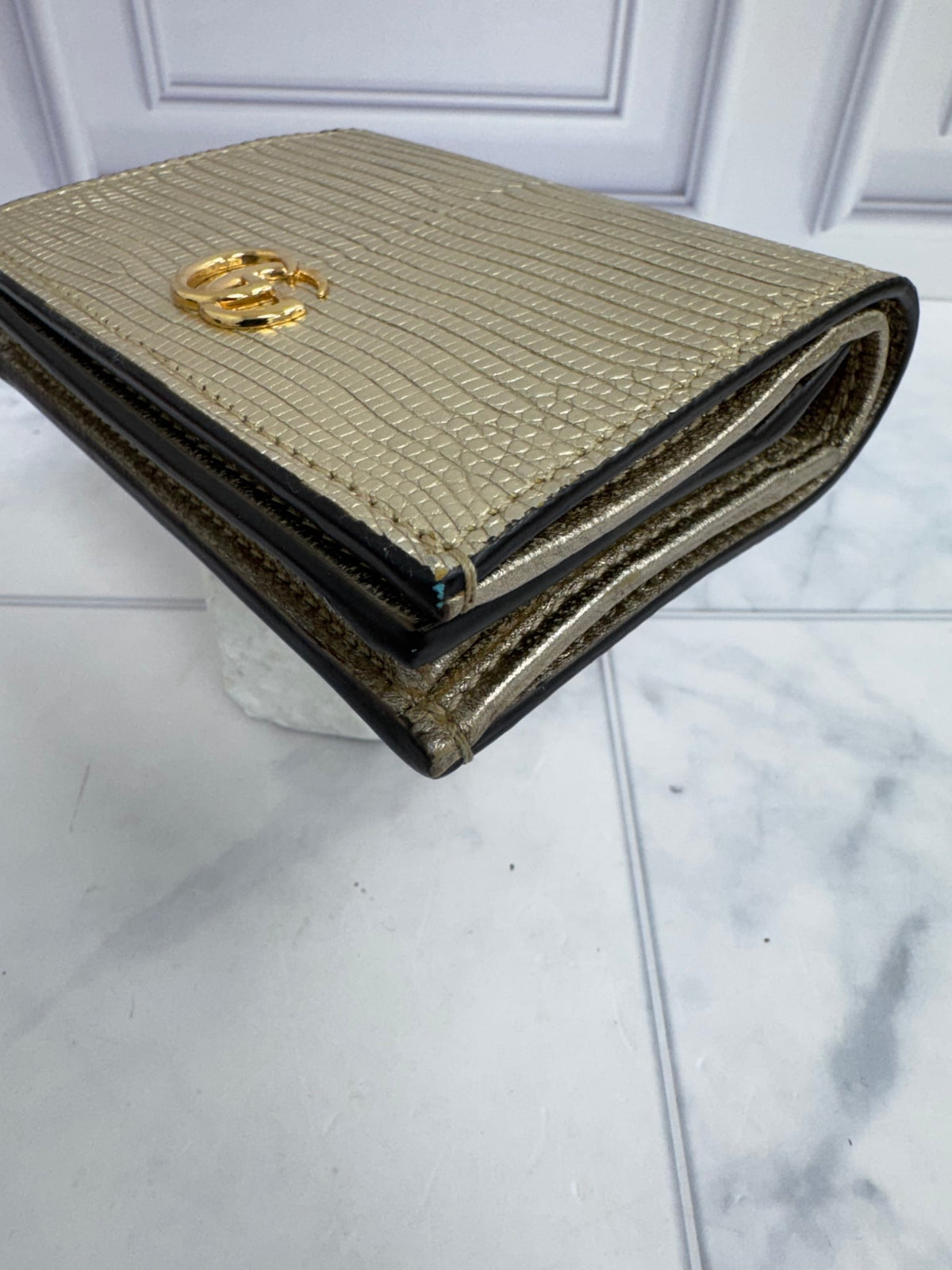 Gucci Gold Lizard Embossed Leather GG Marmont Compact Wallet