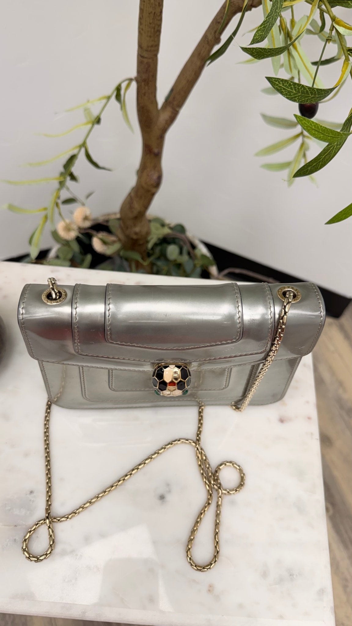 Bvlgari Patent Silver Serpenti Crossbody Bag