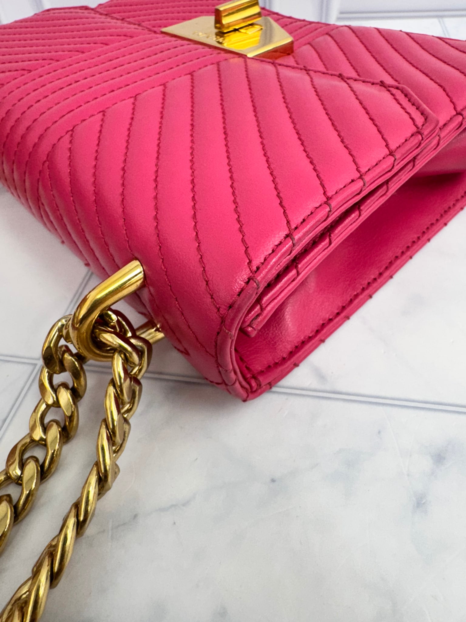 Prada Pink Chevron Quilted Calfskin Turn Lock Flap Bag