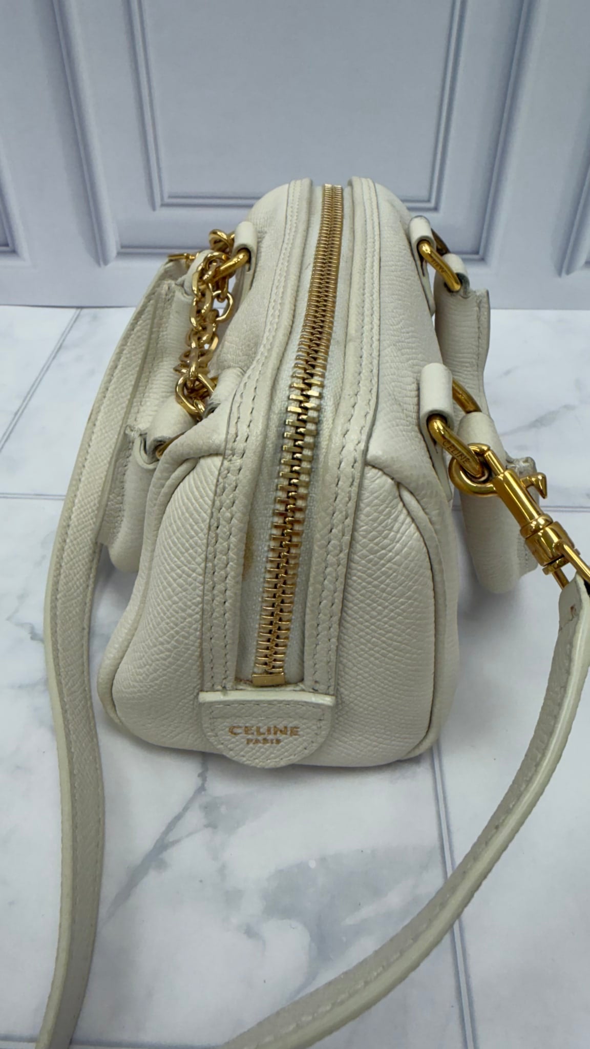 Celine White Grained Calfskin Mini Boston Bag