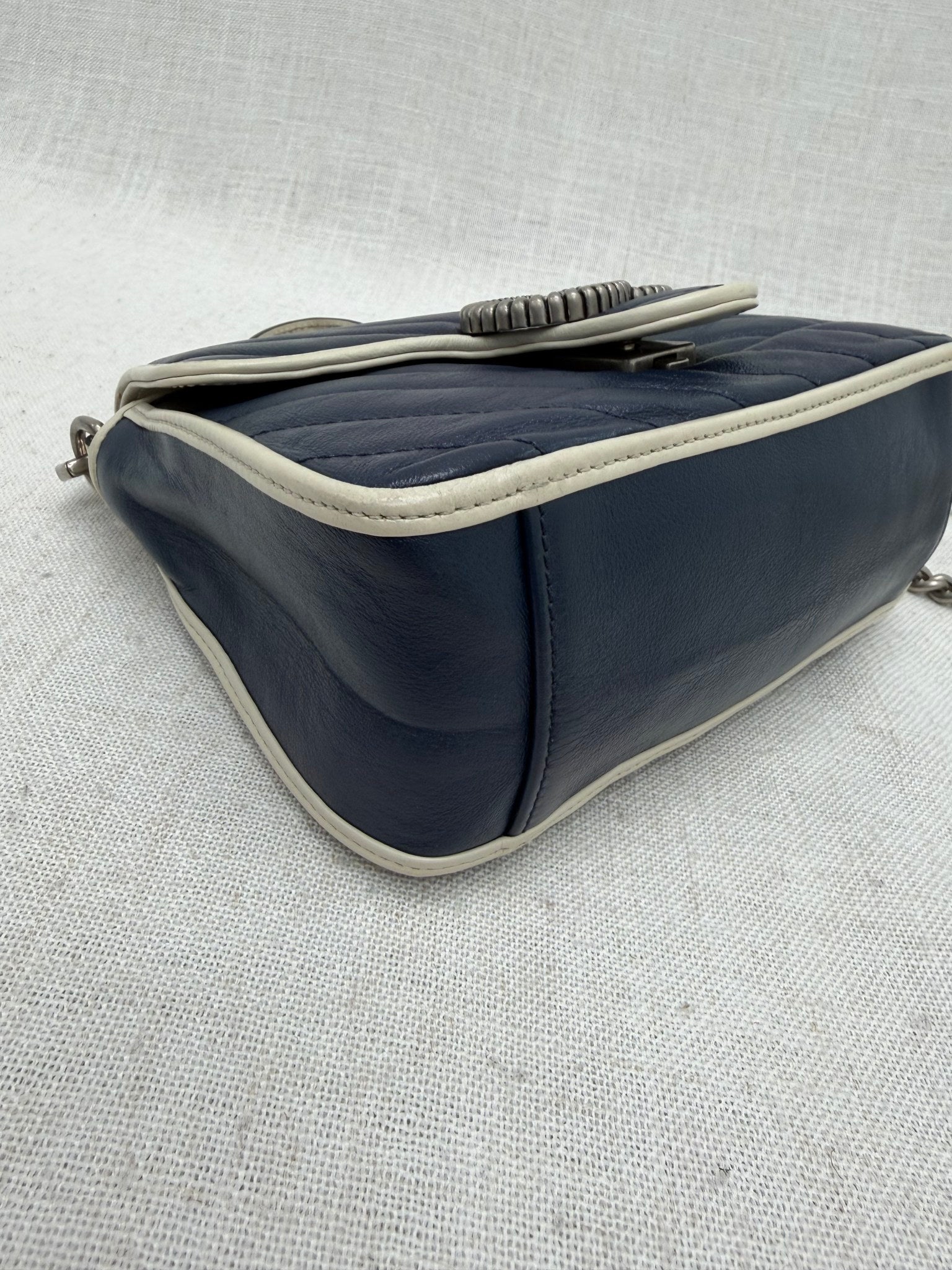 Gucci Navy Blue Leather Mini Marmont Top Handle Bag