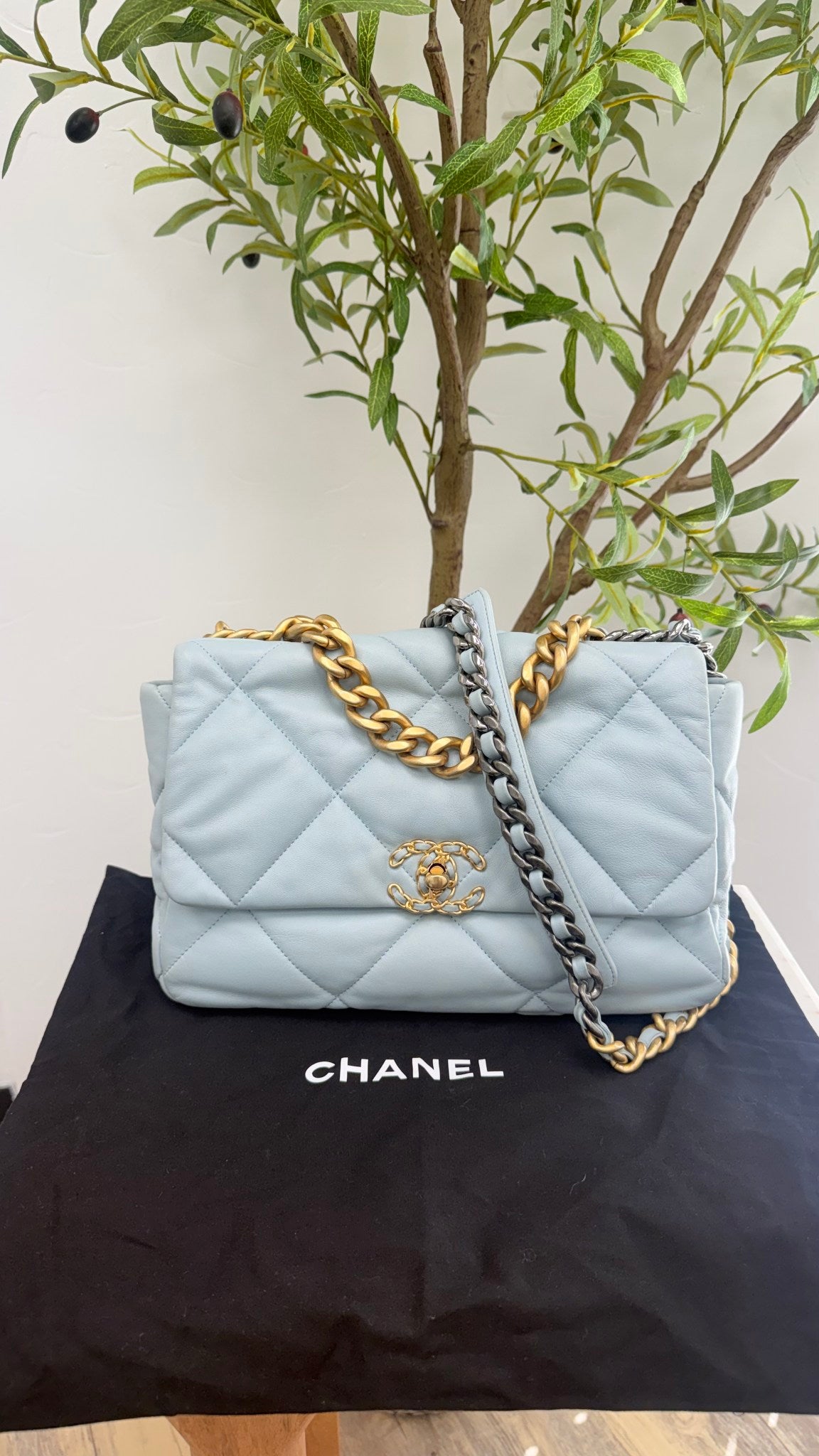 Chanel Light Blue Lambskin Leather Large Chanel 19 Flap Bag
