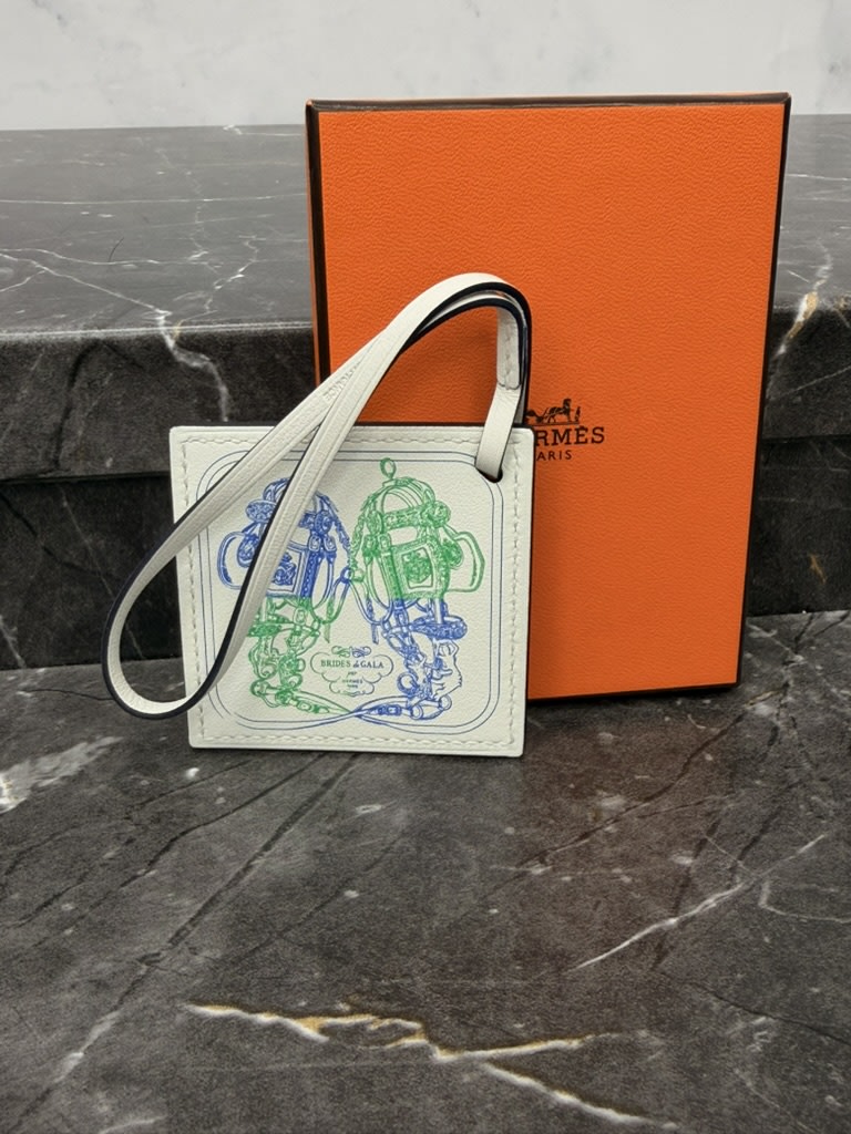 Hermes White Bleu Royal Bambou Swift Carre Nano Bag Charm