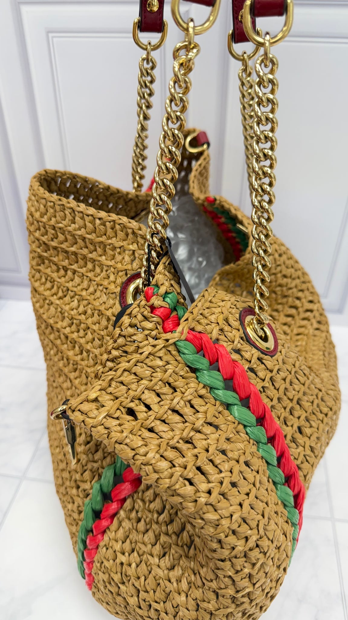 Gucci Raffia Web Marmont Chain Tote