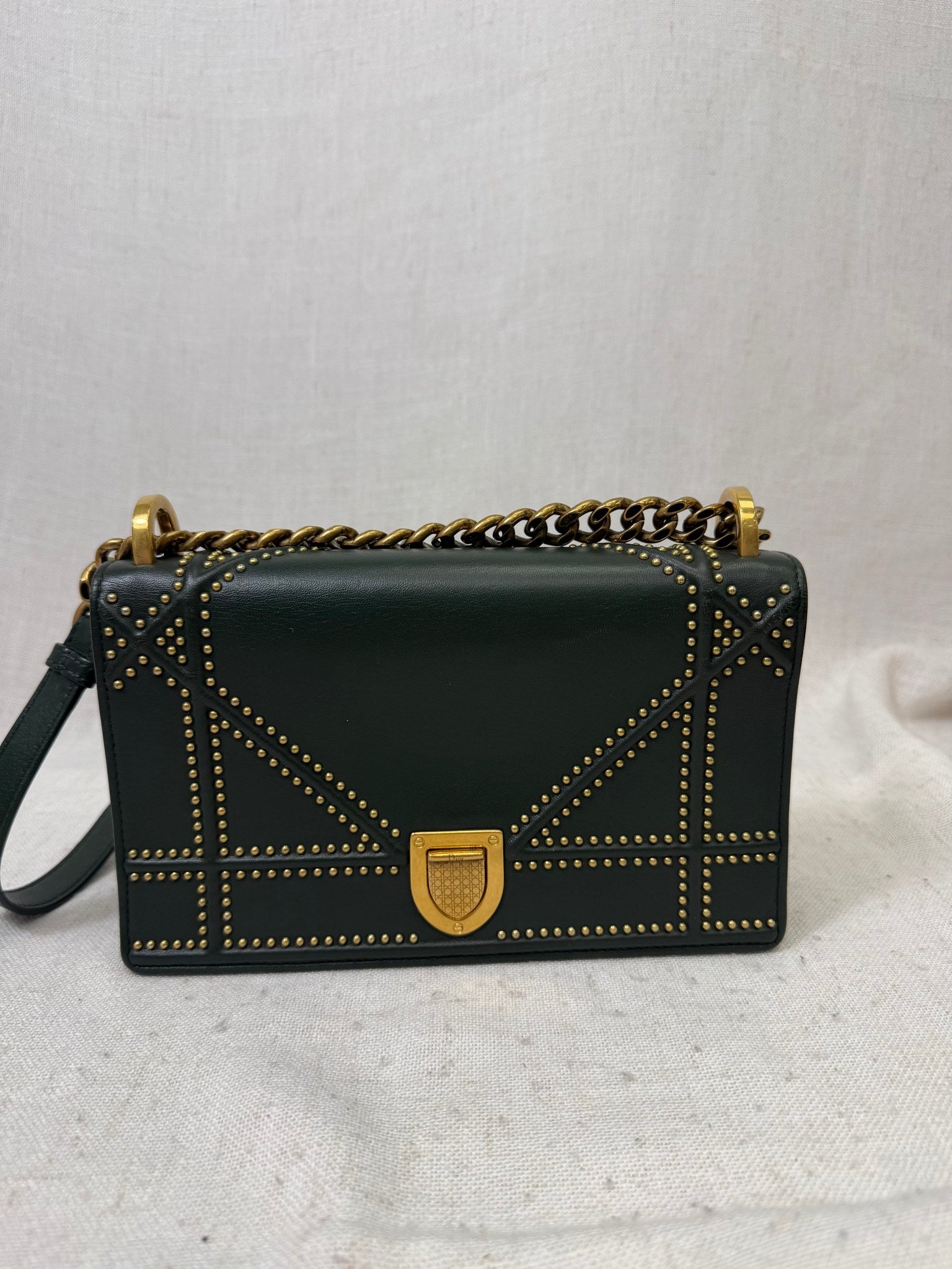 Christian Dior Green Leather Diorama Studded Shoulder Bag