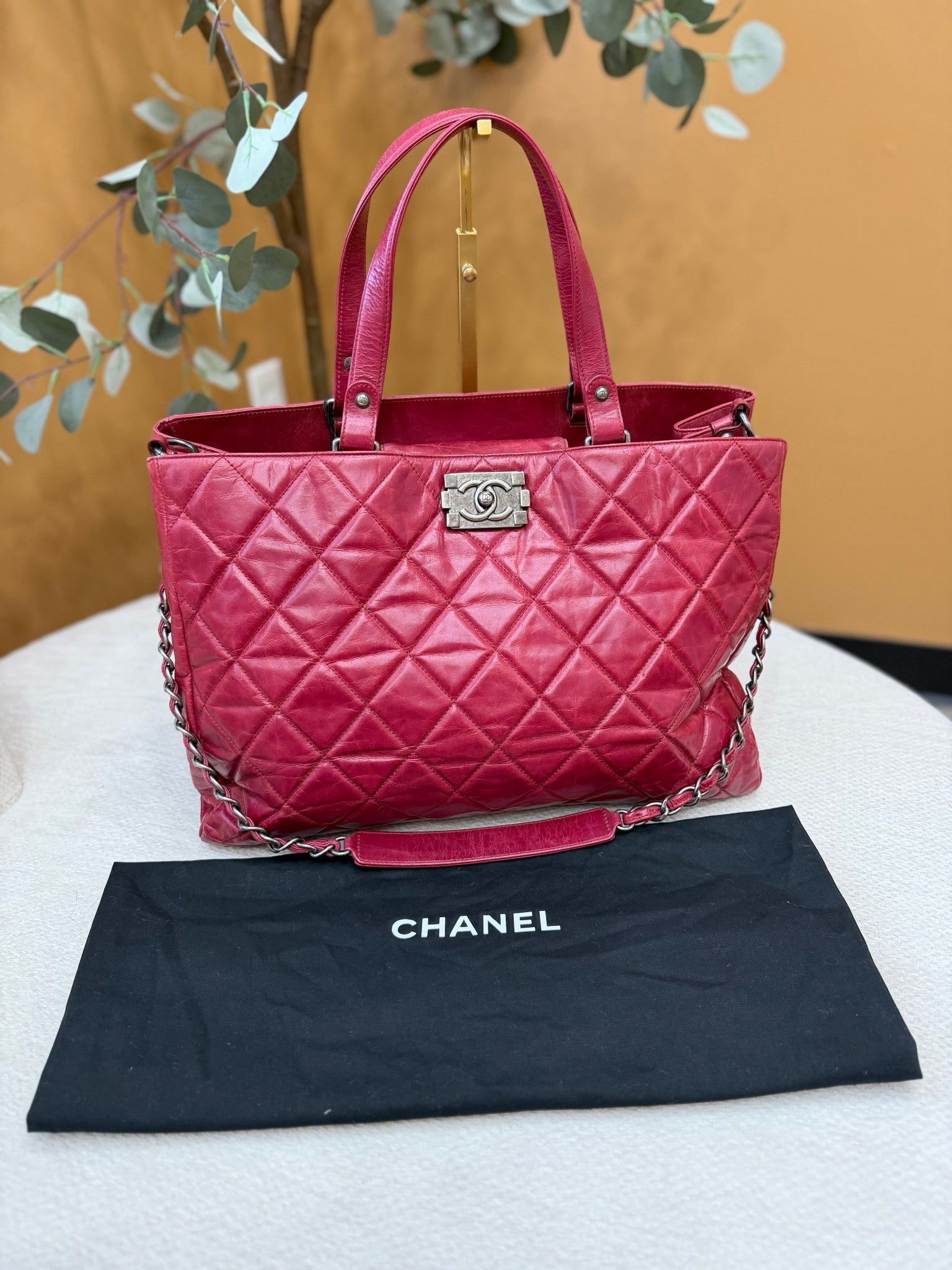 Chanel Red Calfskin Glazed Quilted Glazed Large On The Road Tote Bag