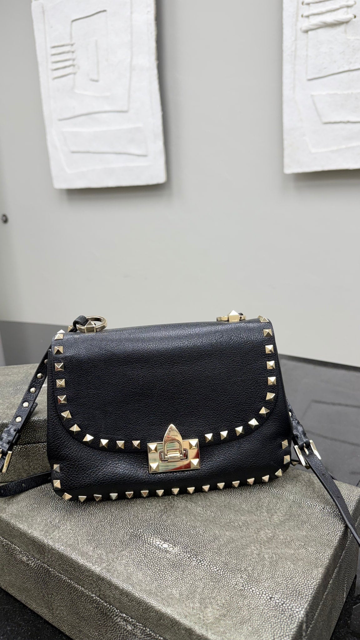Valentino Black Grained Leather Rockstud Crossbody