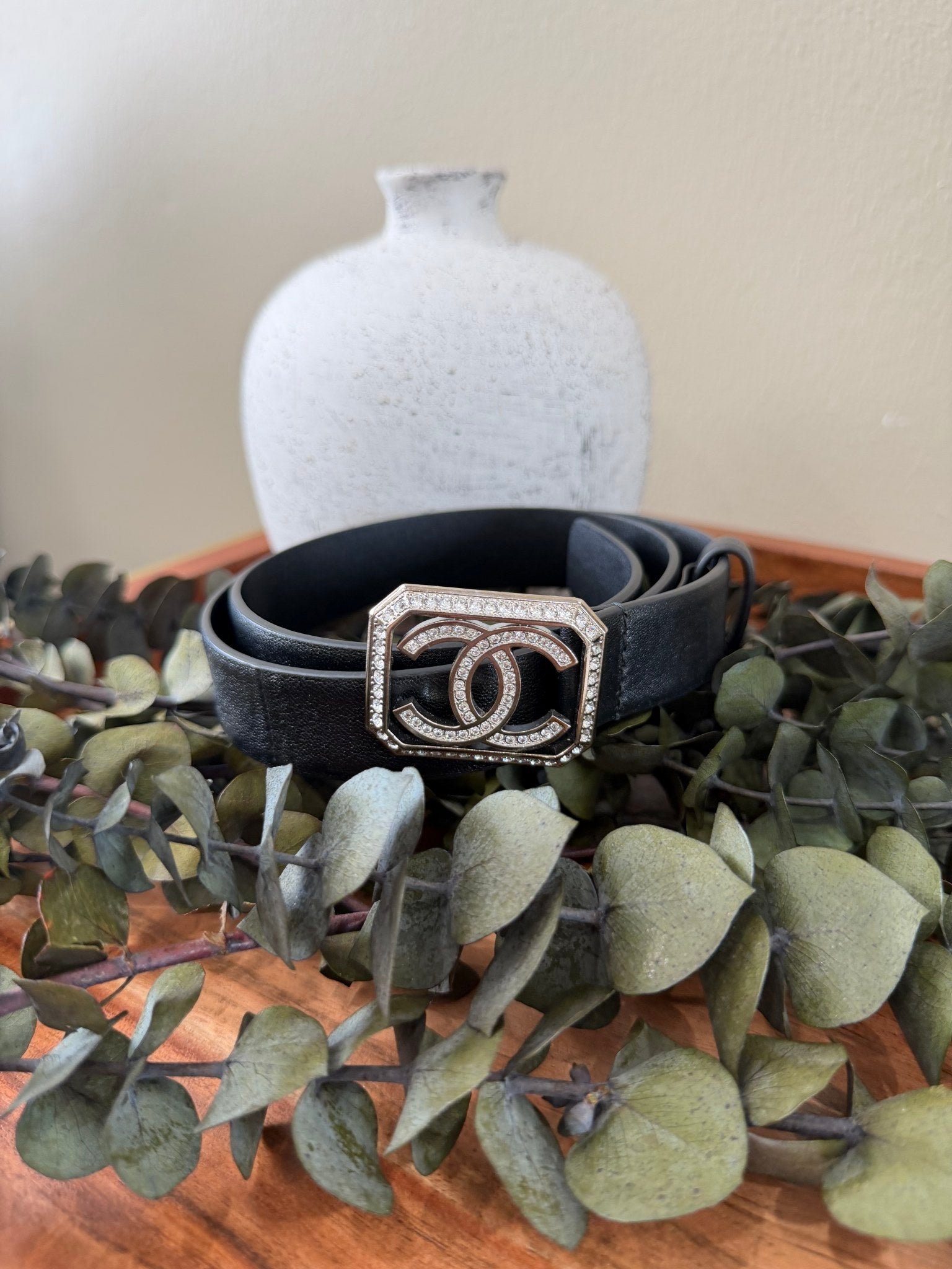 Chanel Black Leather Crystal CC Logo Belt 70/28